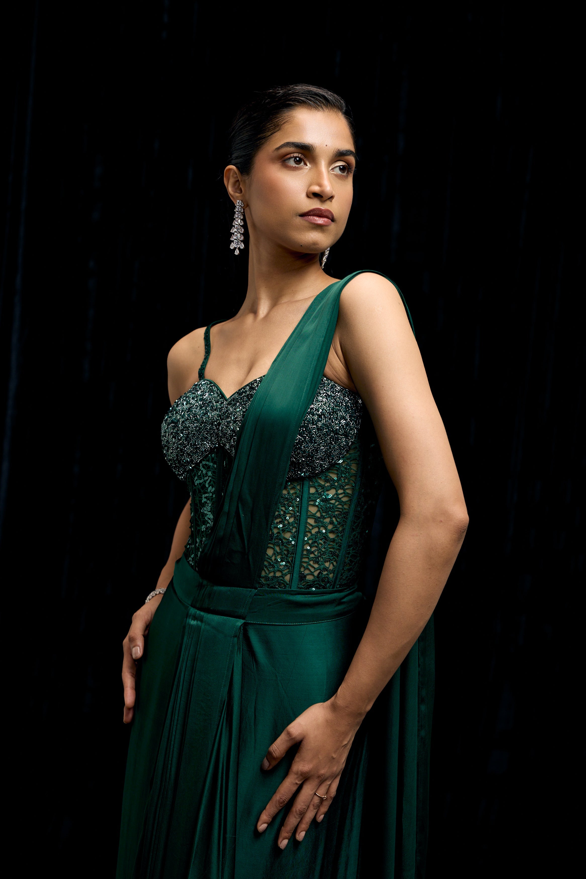 Emerald Green Embellished Satin Silk Draped Saree