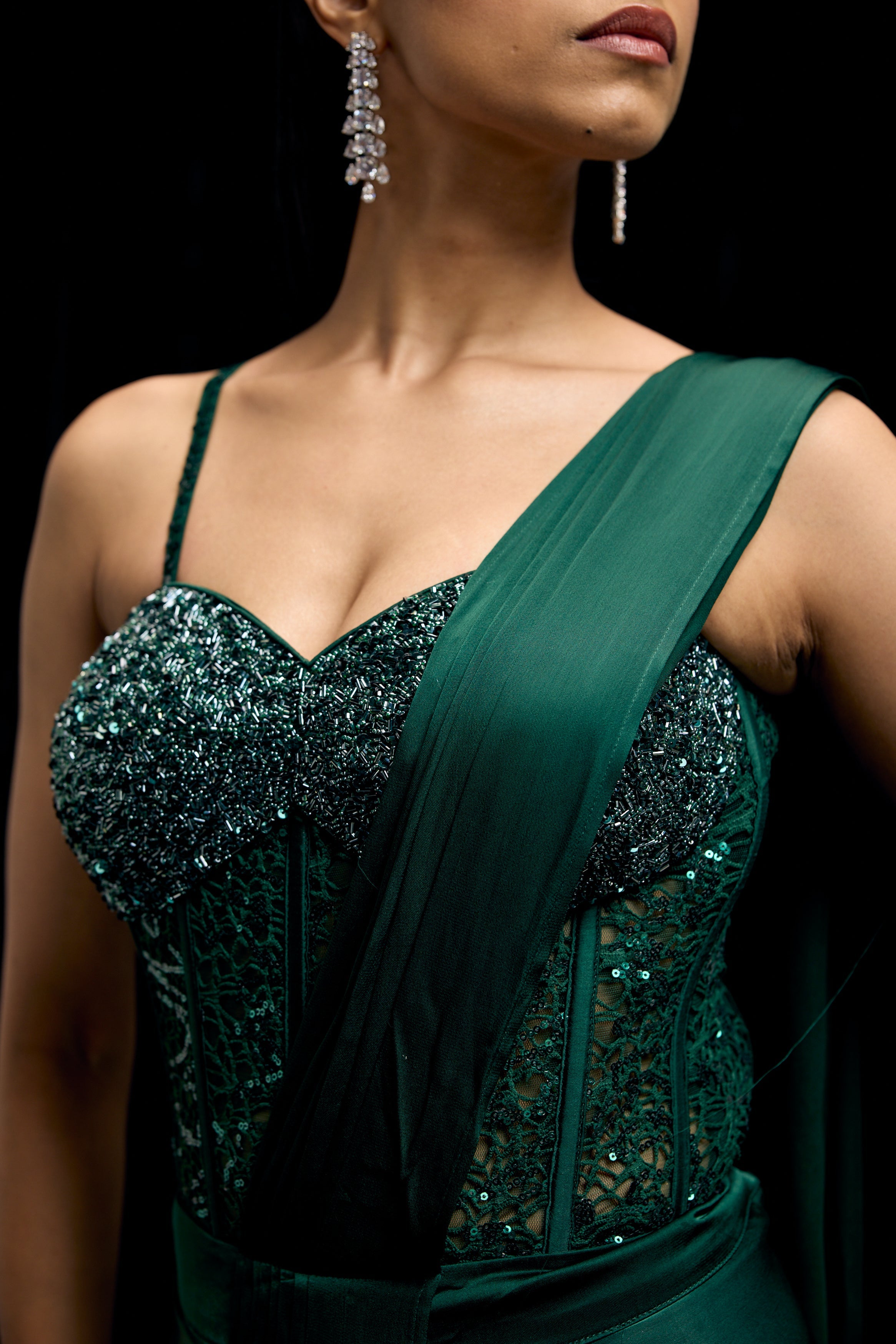 Emerald Green Embellished Satin Silk Draped Saree