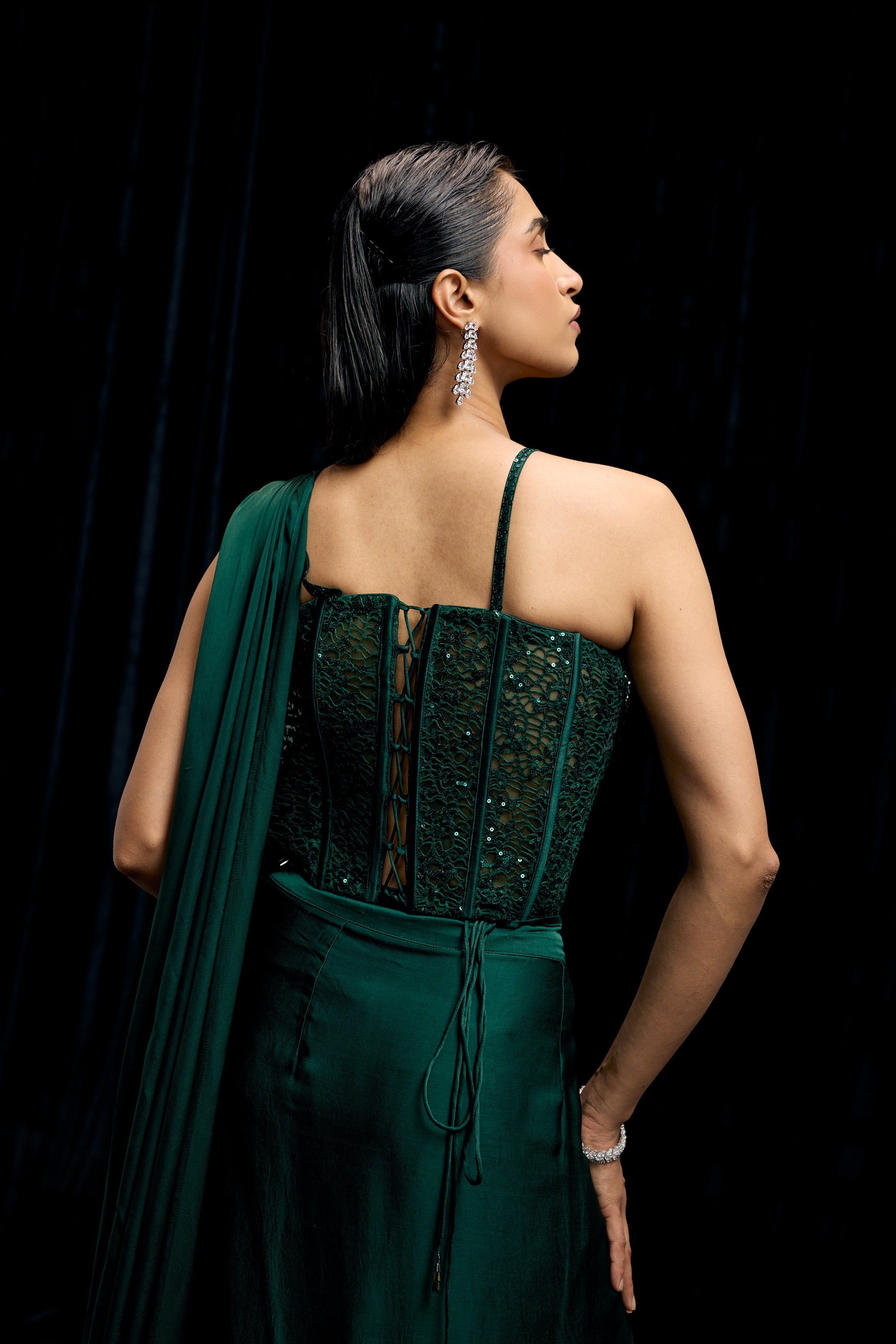 Emerald Green Embellished Satin Silk Draped Saree