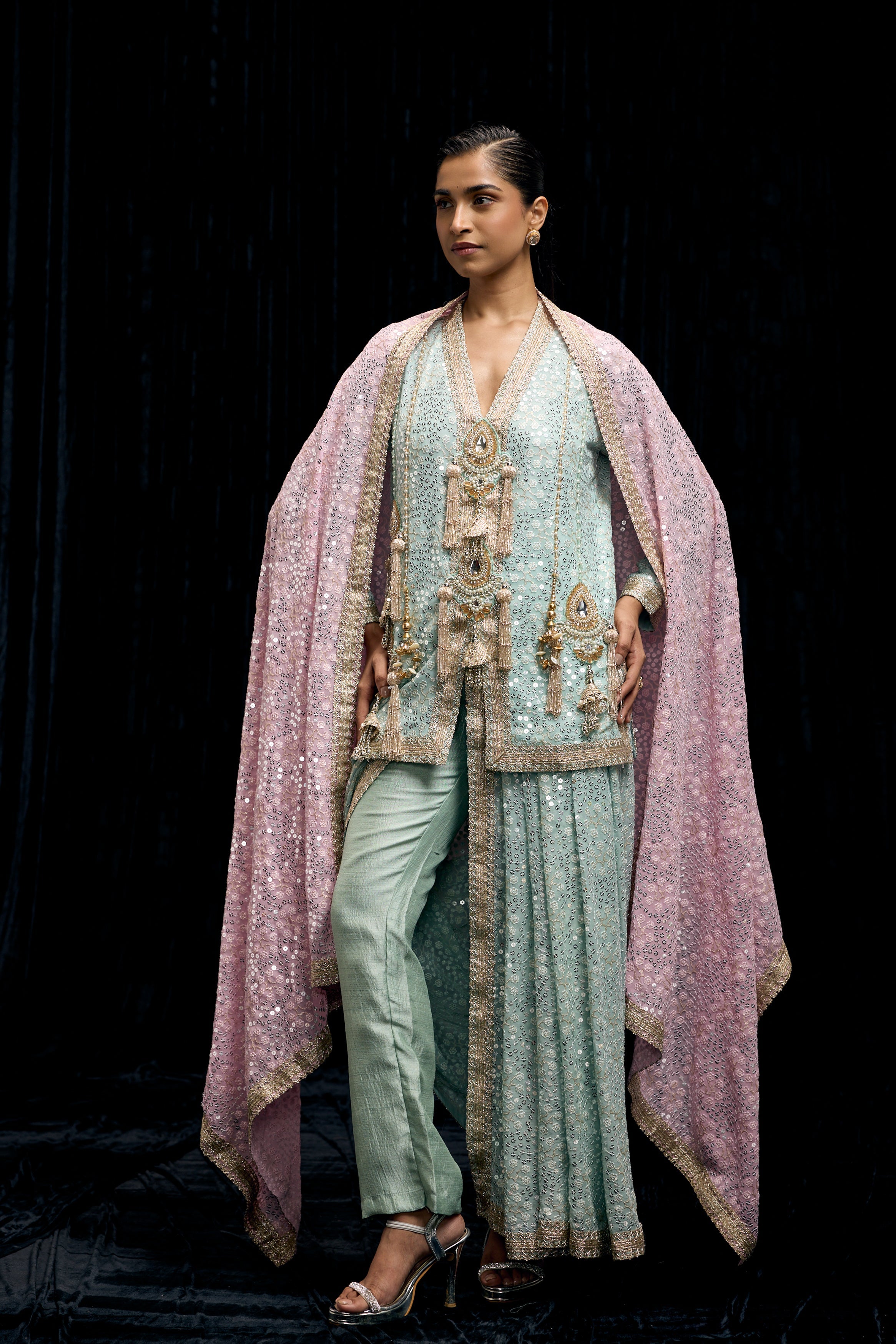 Light Blue Embellished Georgette Silk Drape Skirt Set