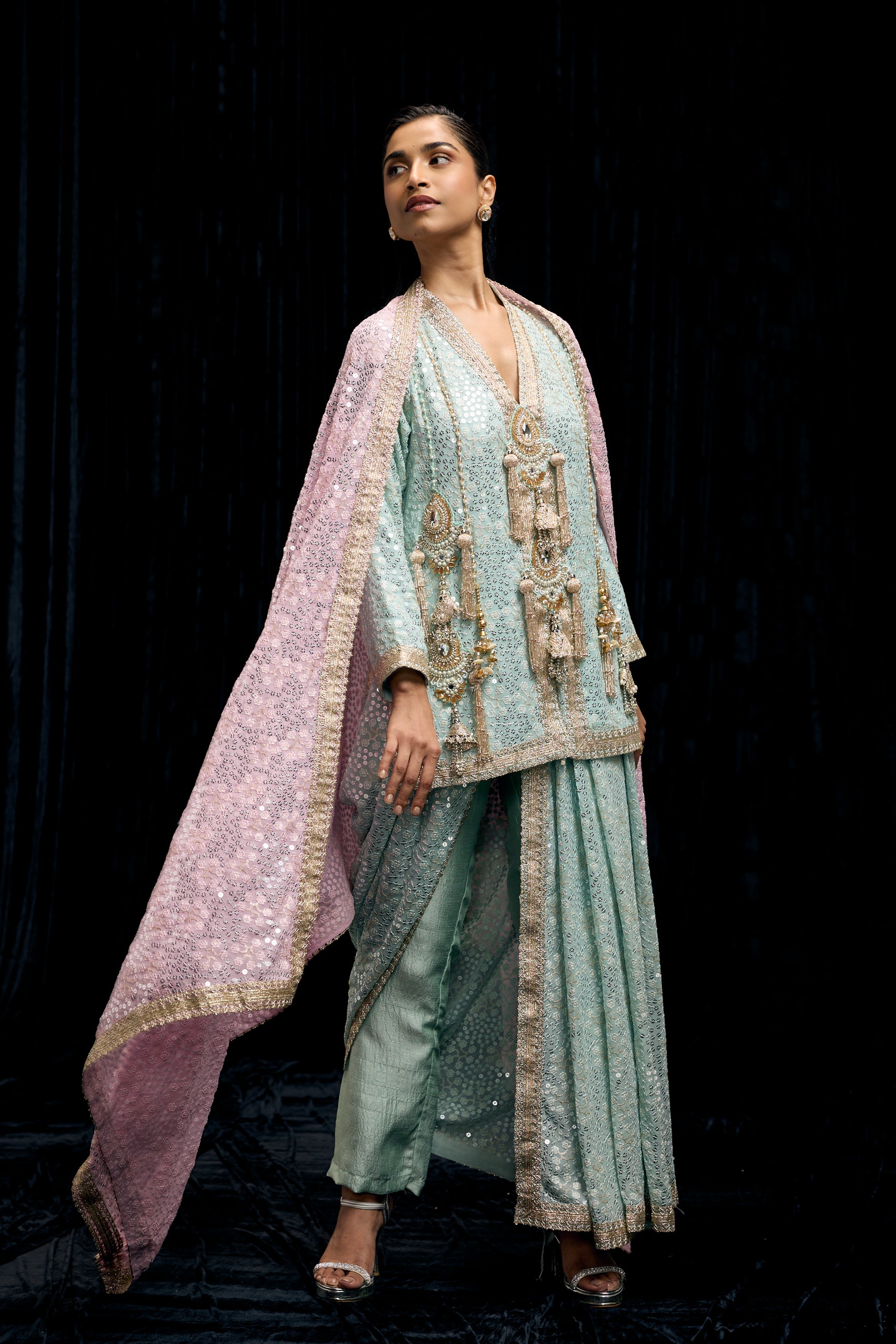 Light Blue Embellished Georgette Silk Drape Skirt Set
