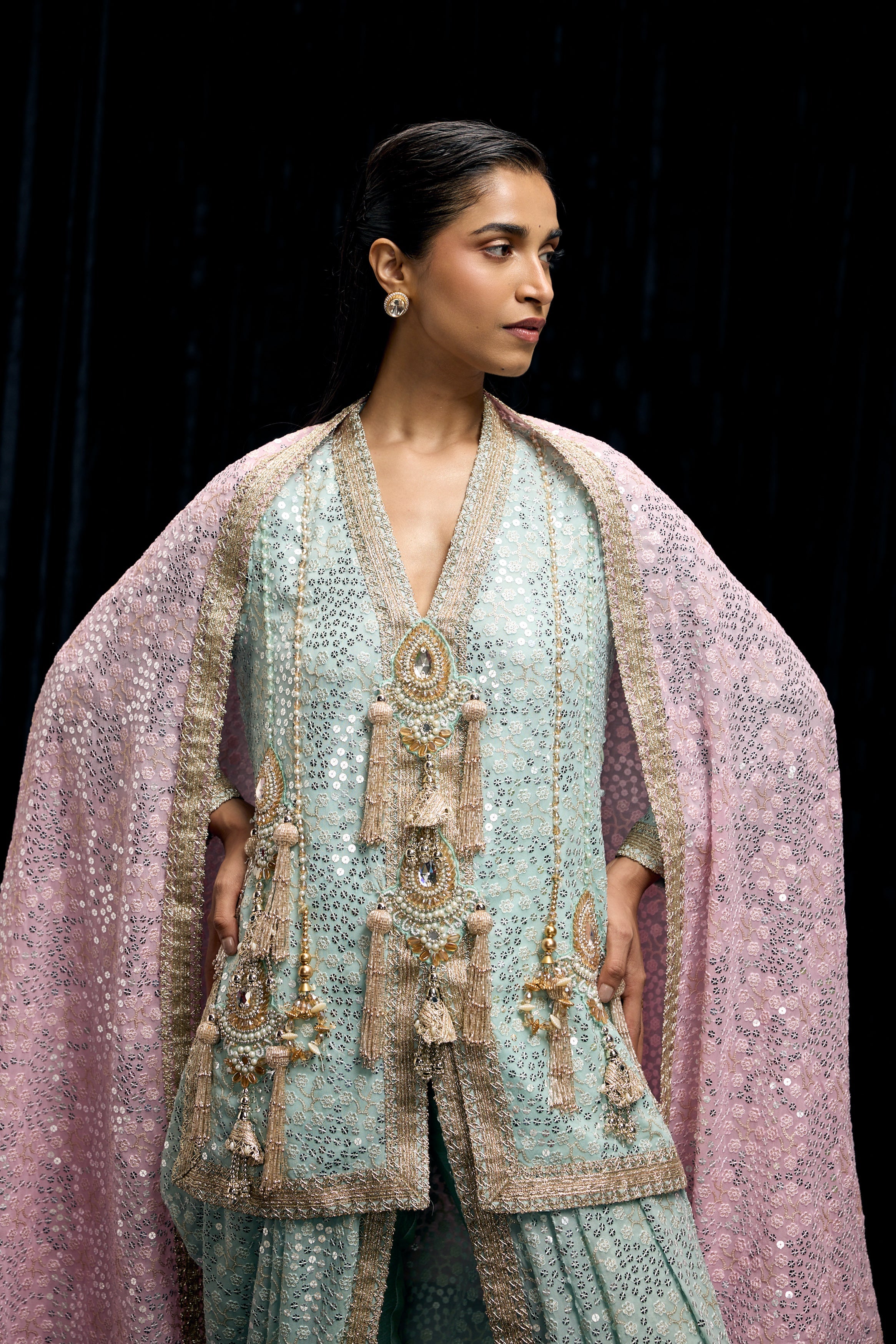 Light Blue Embellished Georgette Silk Drape Skirt Set
