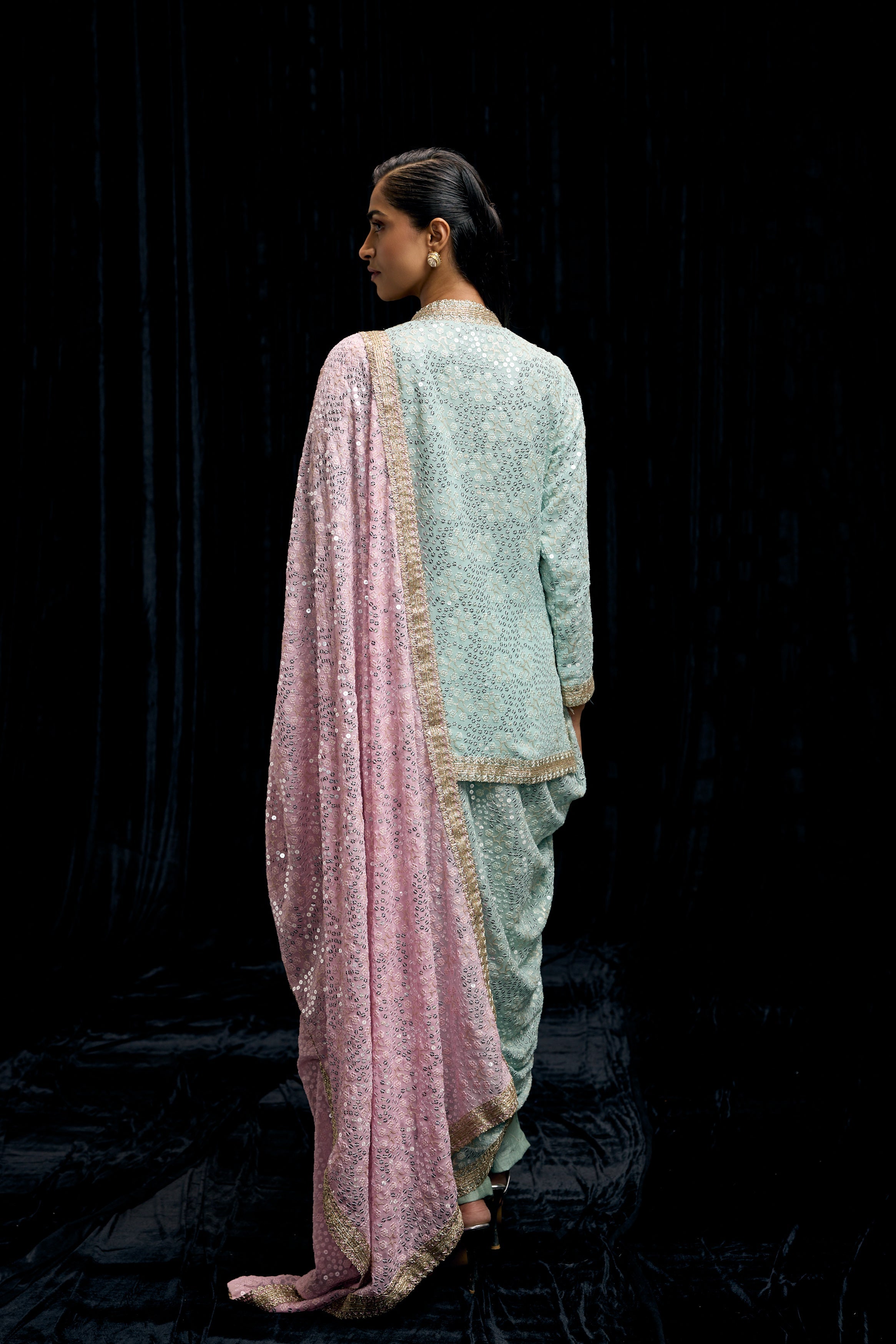 Light Blue Embellished Georgette Silk Drape Skirt Set