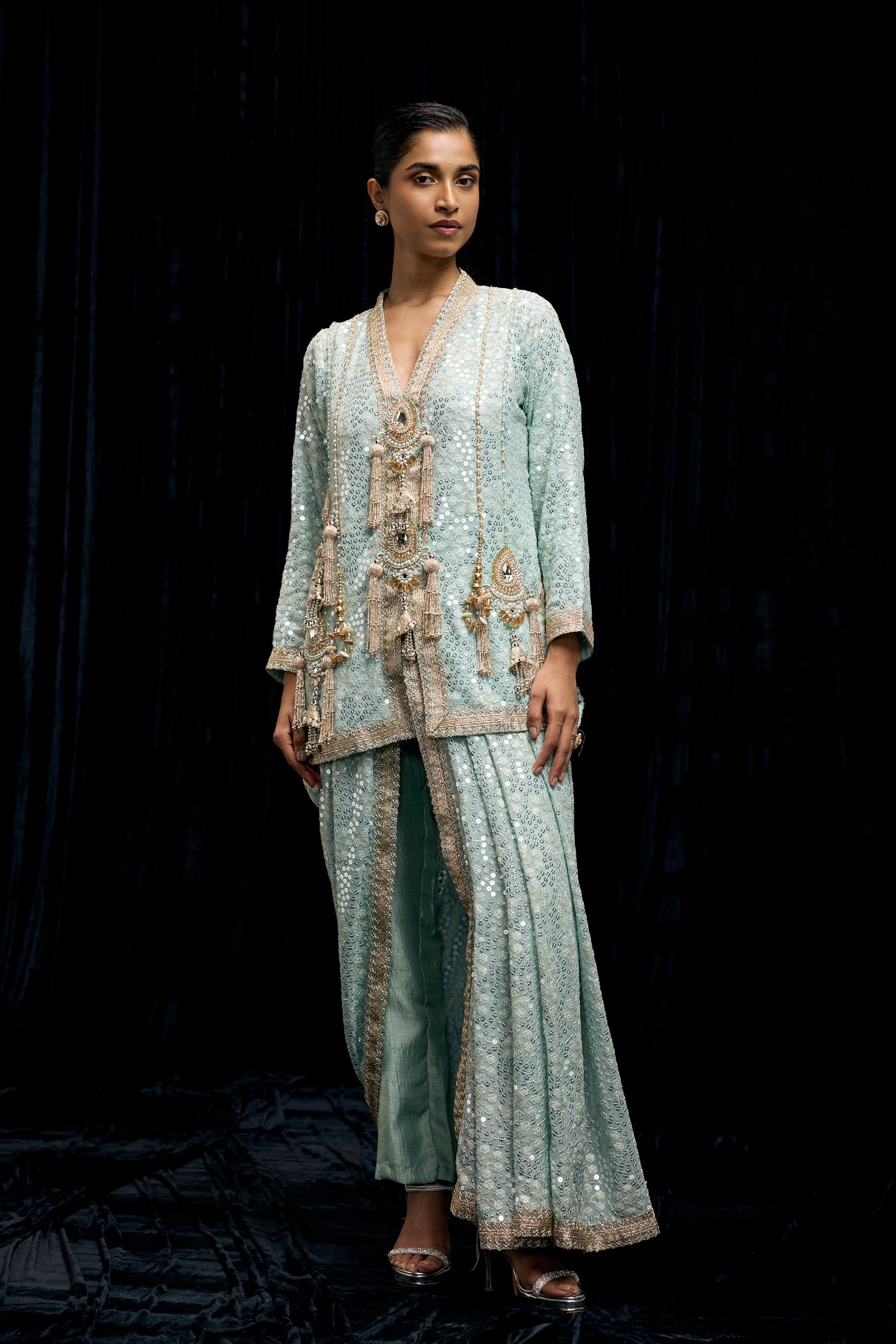 Light Blue Embellished Georgette Silk Drape Skirt Set