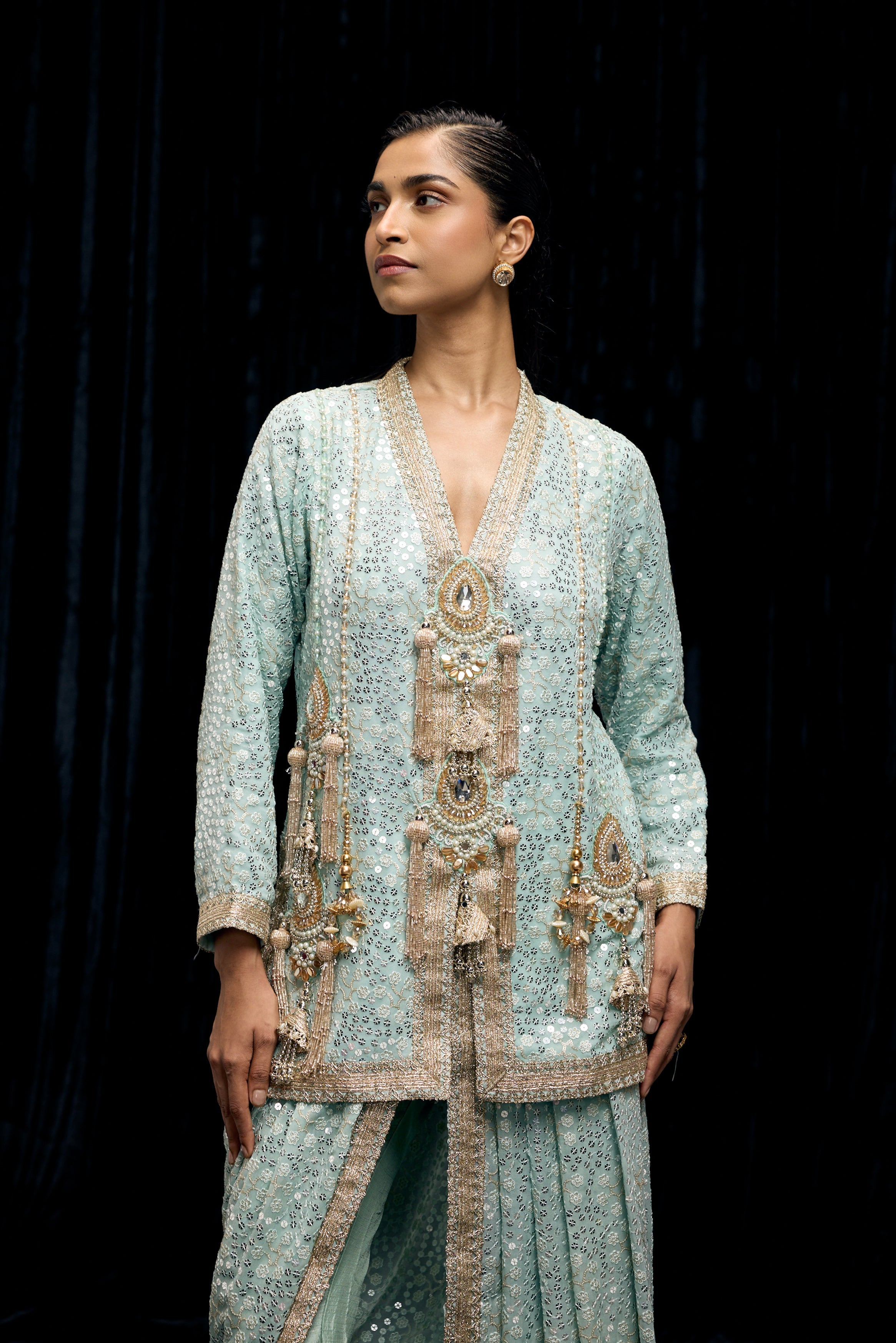 Light Blue Embellished Georgette Silk Drape Skirt Set