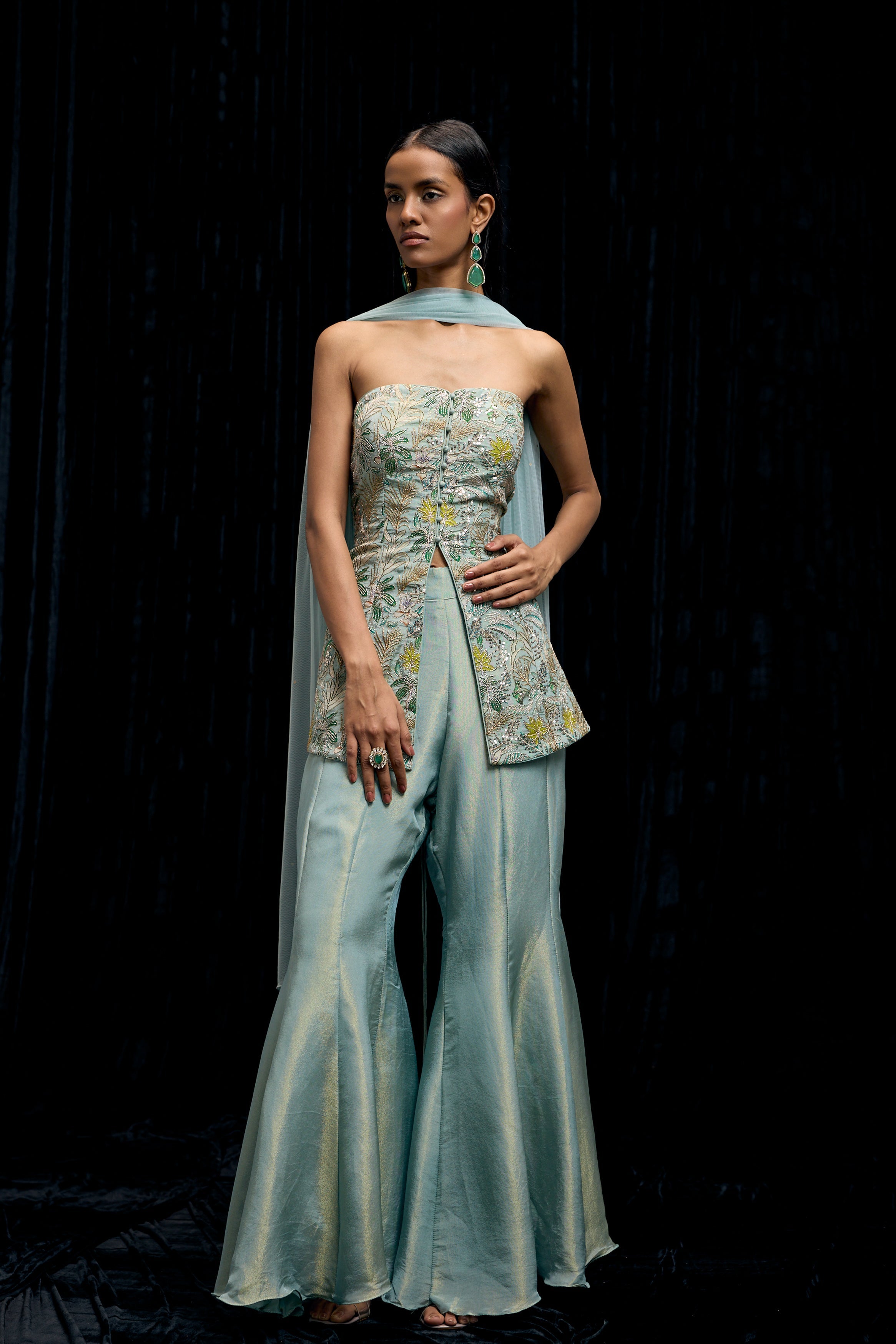 Pastel Blue Embellished Shimmer Tissue Silk Palazzo Set