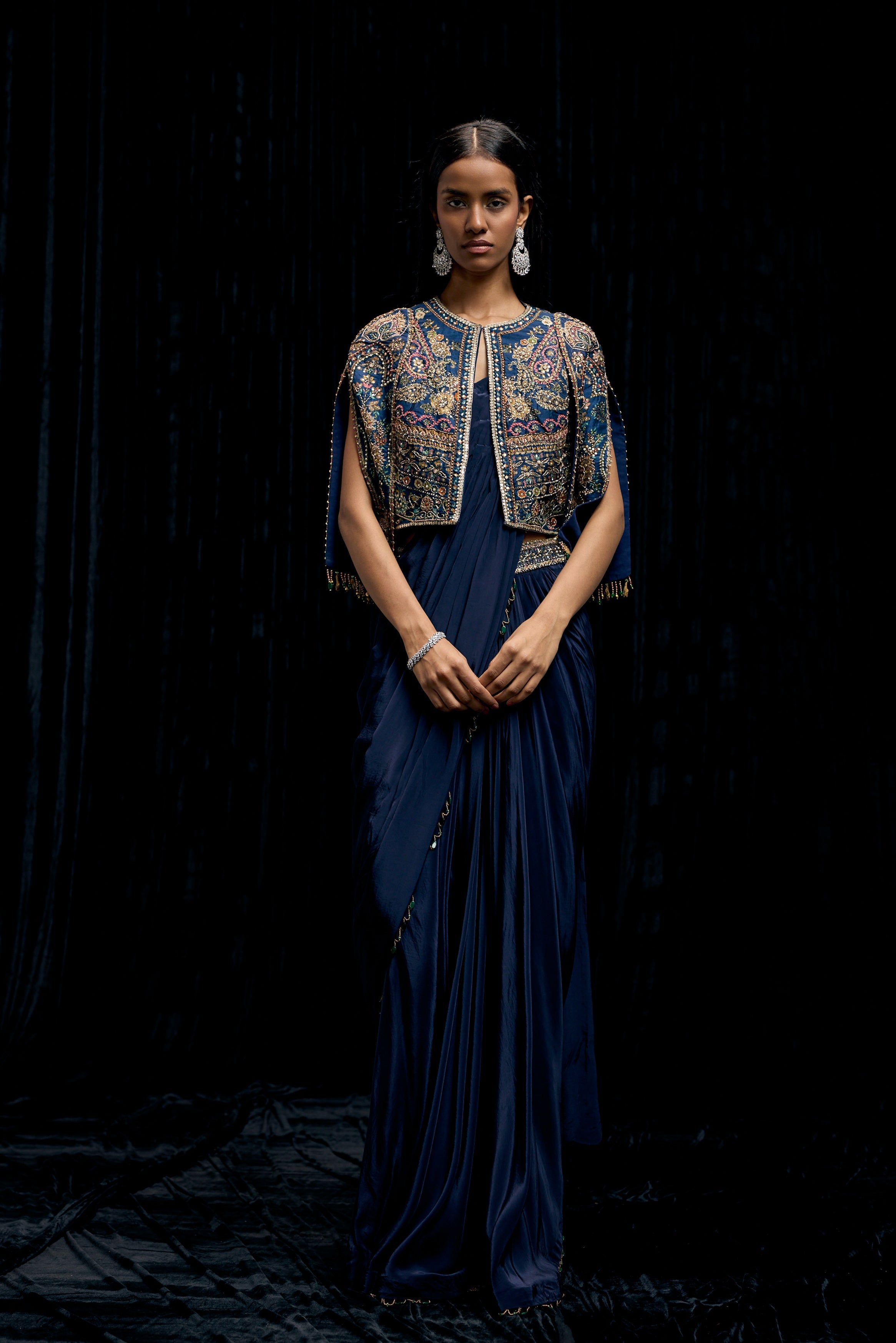 Eclipse Blue Embellished Satin Silk Draped Saree