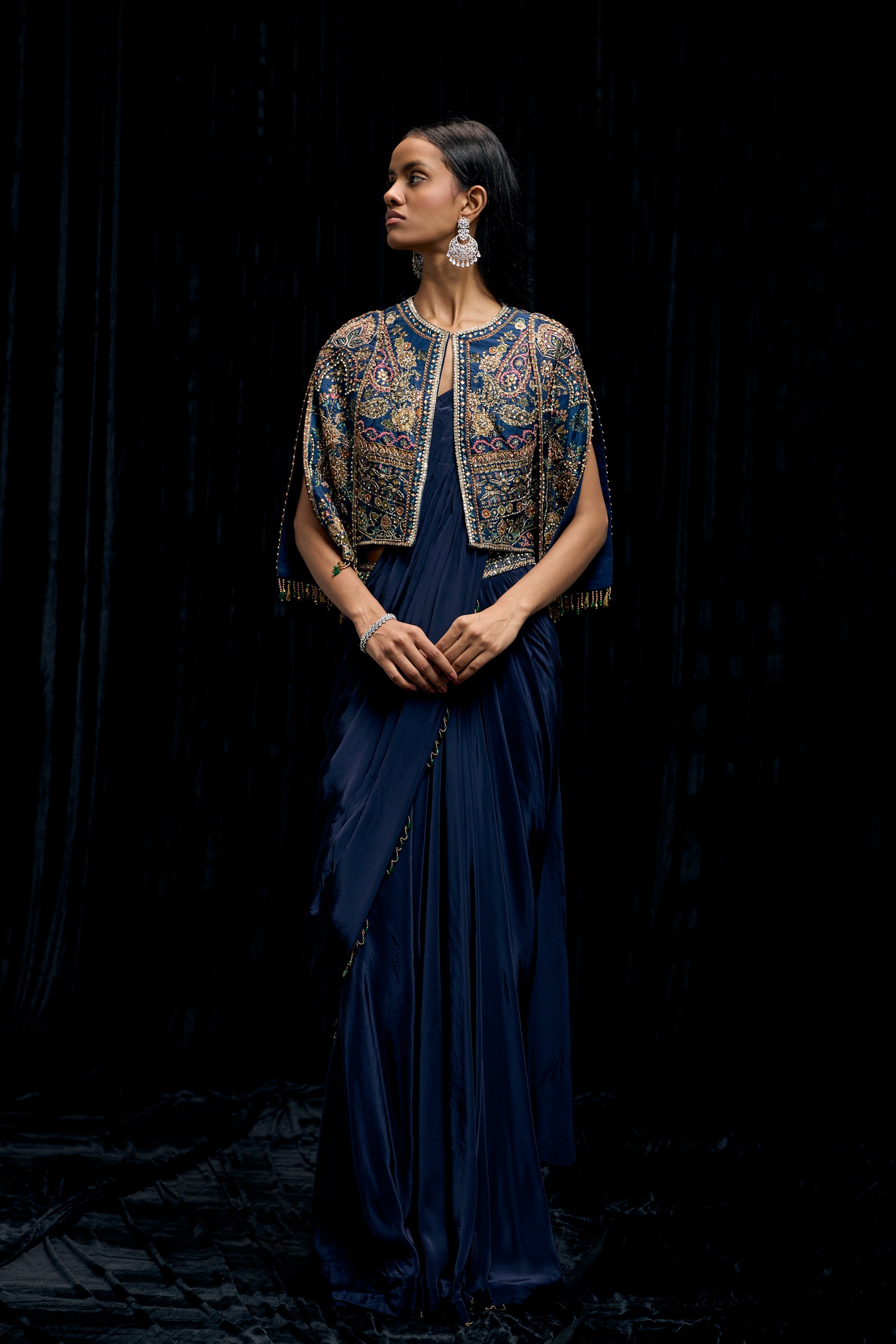 Eclipse Blue Embellished Satin Silk Draped Saree