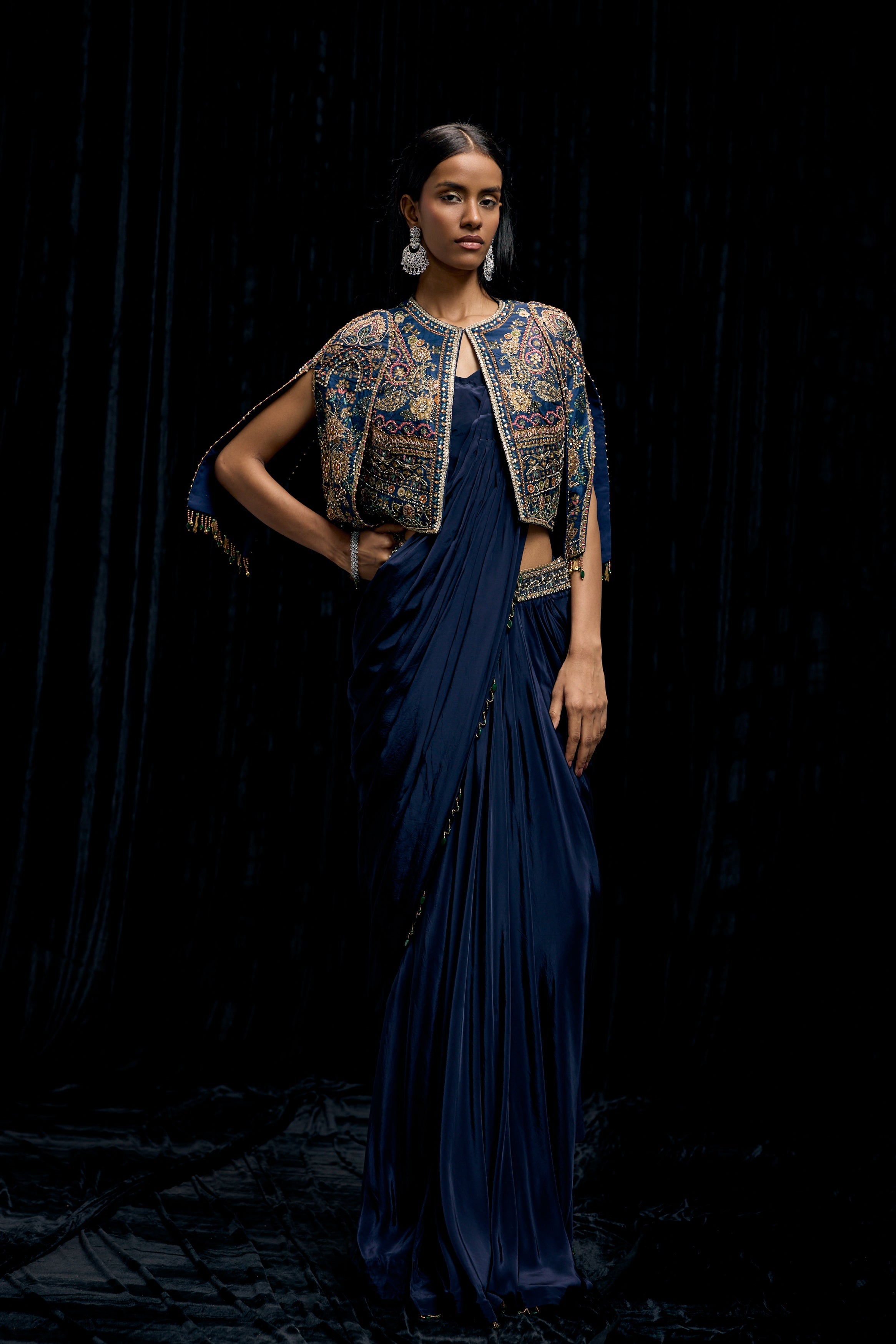 Eclipse Blue Embellished Satin Silk Draped Saree