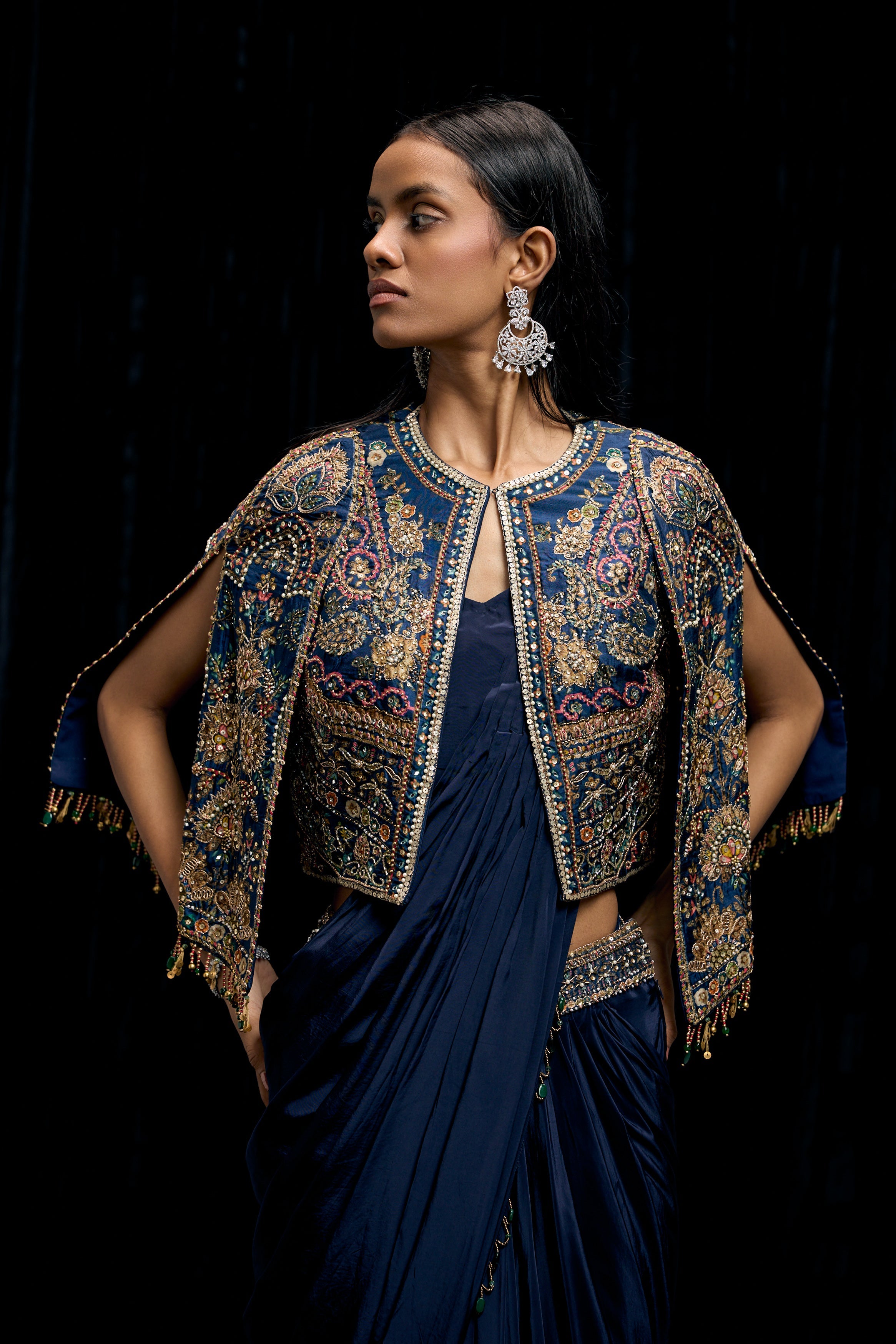Eclipse Blue Embellished Satin Silk Draped Saree