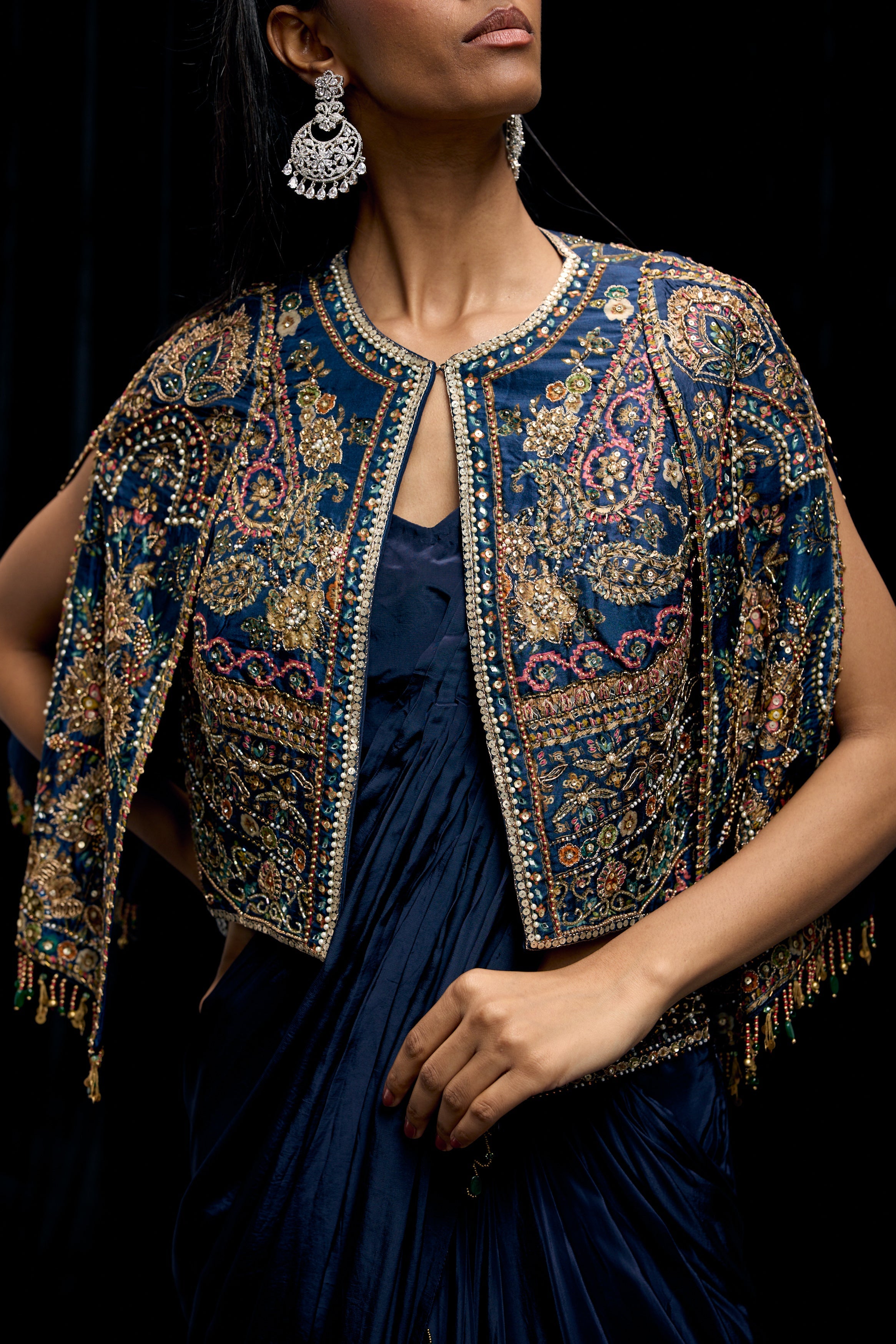 Eclipse Blue Embellished Satin Silk Draped Saree