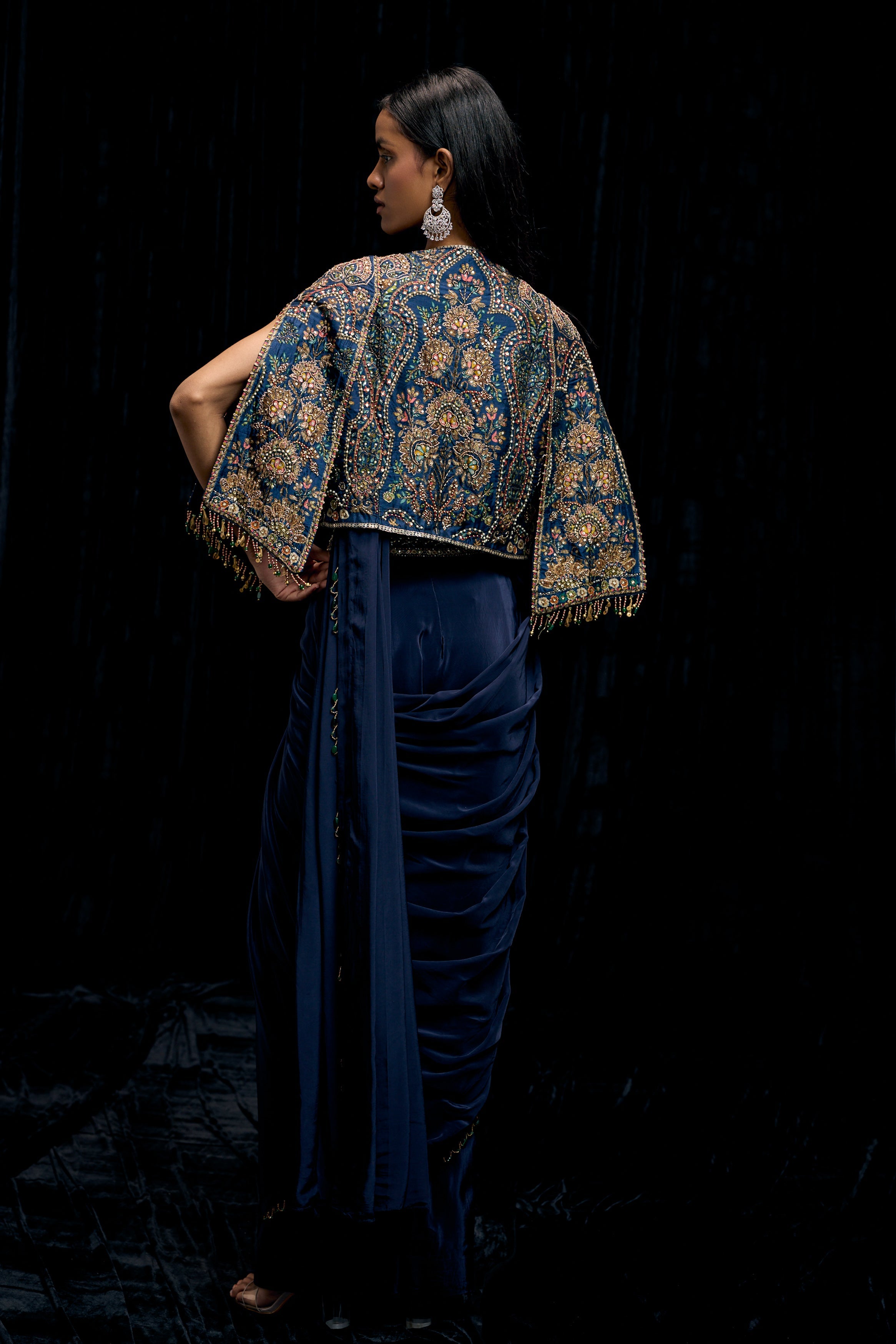 Eclipse Blue Embellished Satin Silk Draped Saree