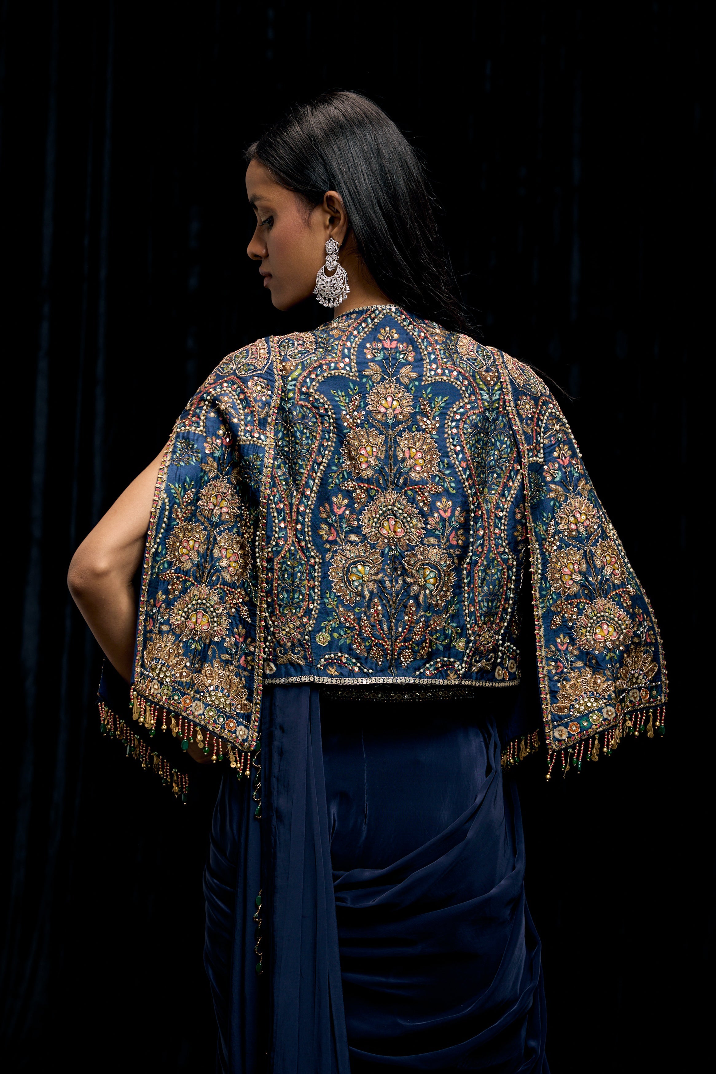 Eclipse Blue Embellished Satin Silk Draped Saree