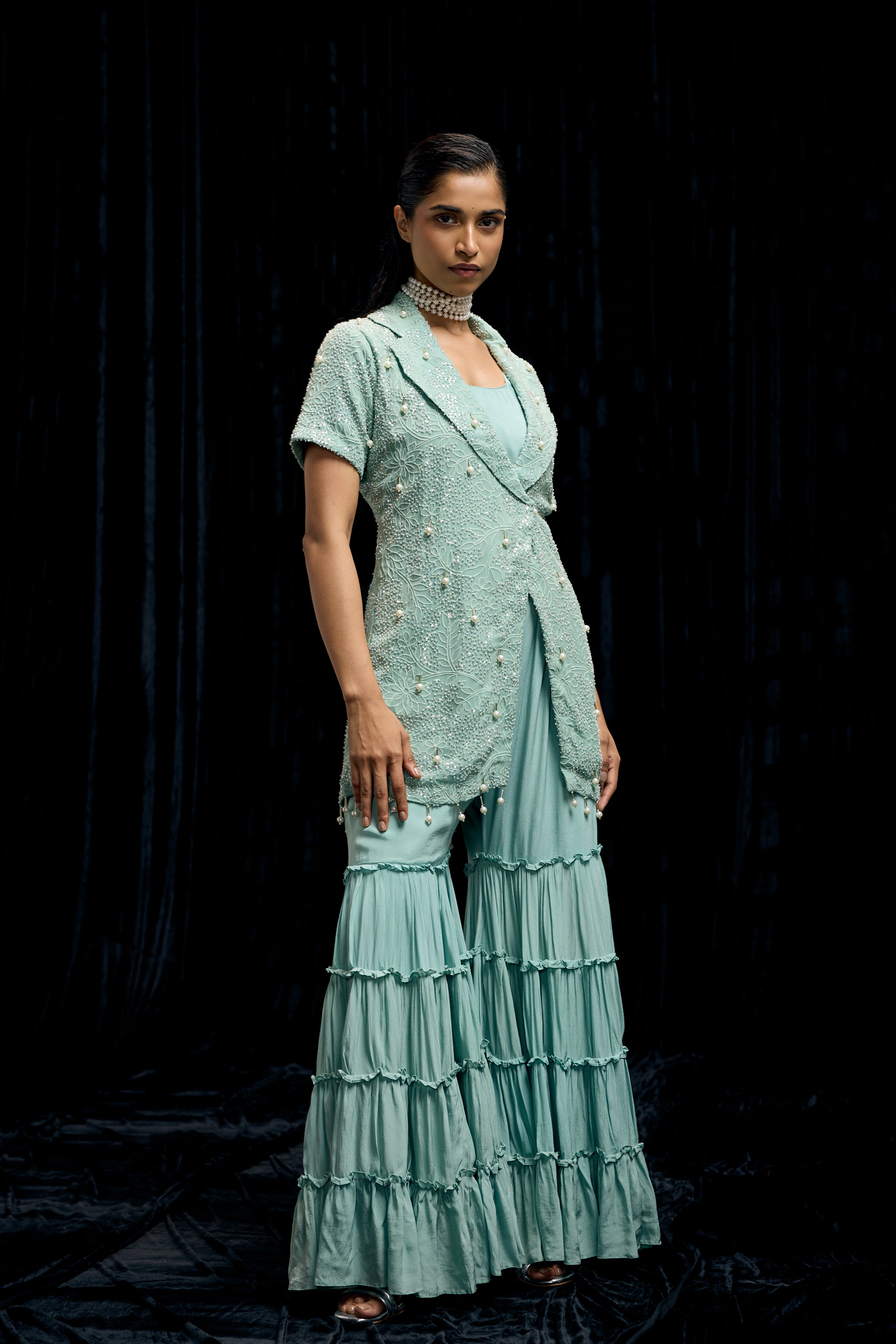 Sky Blue Embellished Chinon Silk Sharara Set