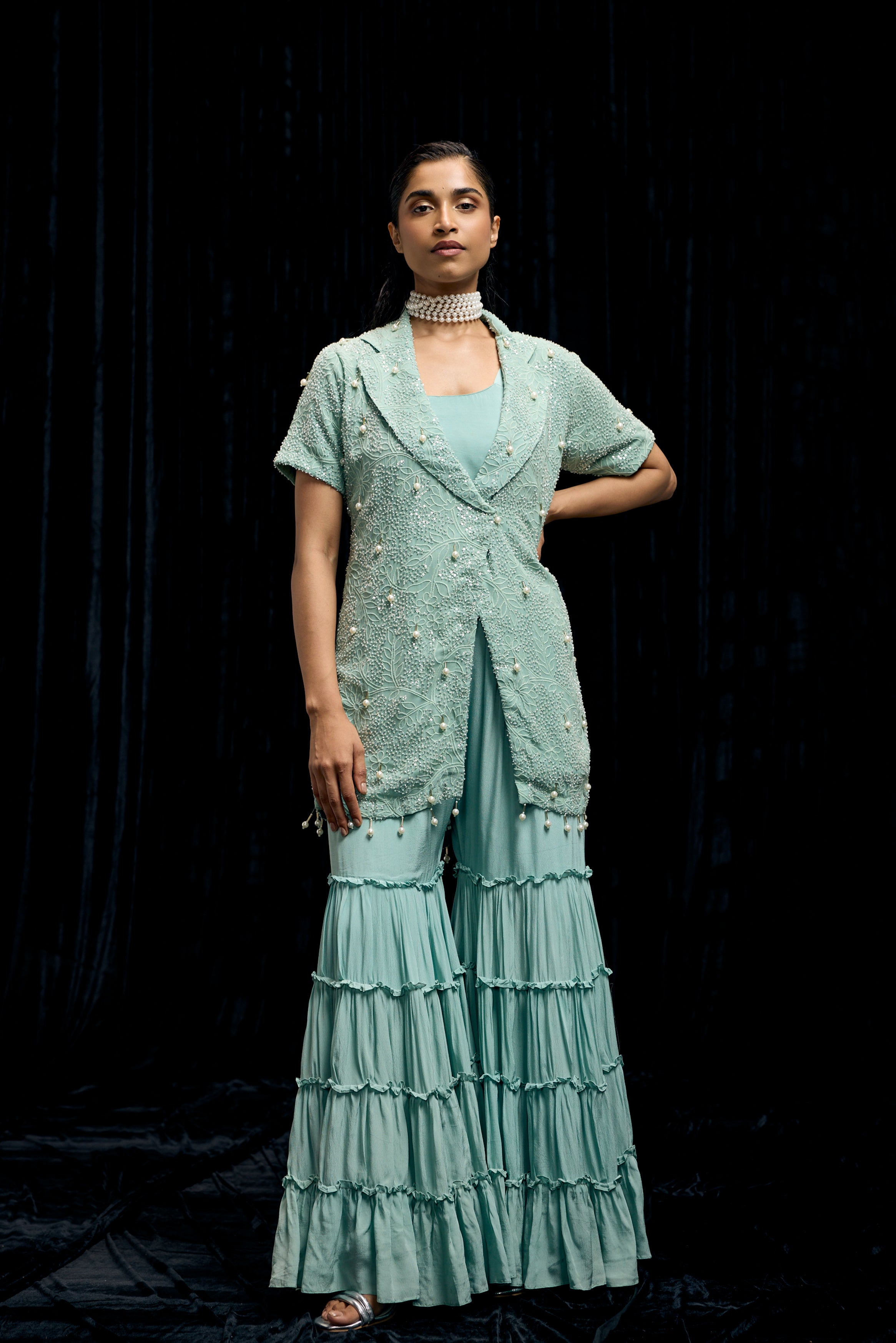 Sky Blue Embellished Chinon Silk Sharara Set
