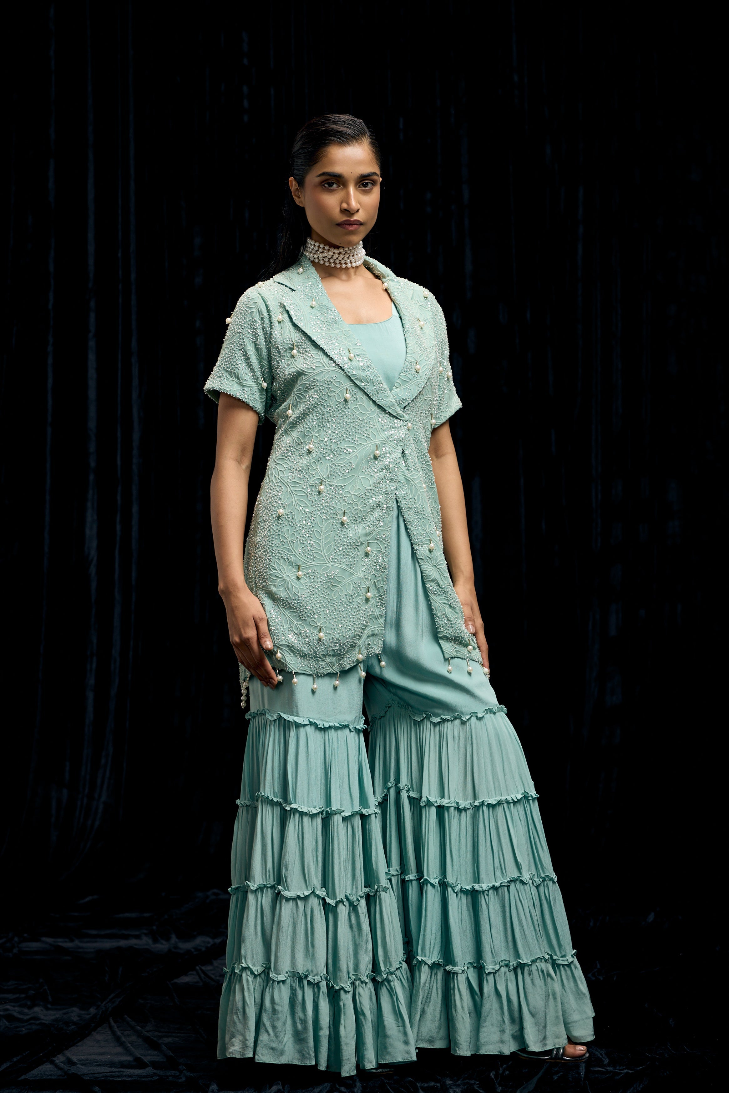 Sky Blue Embellished Chinon Silk Sharara Set
