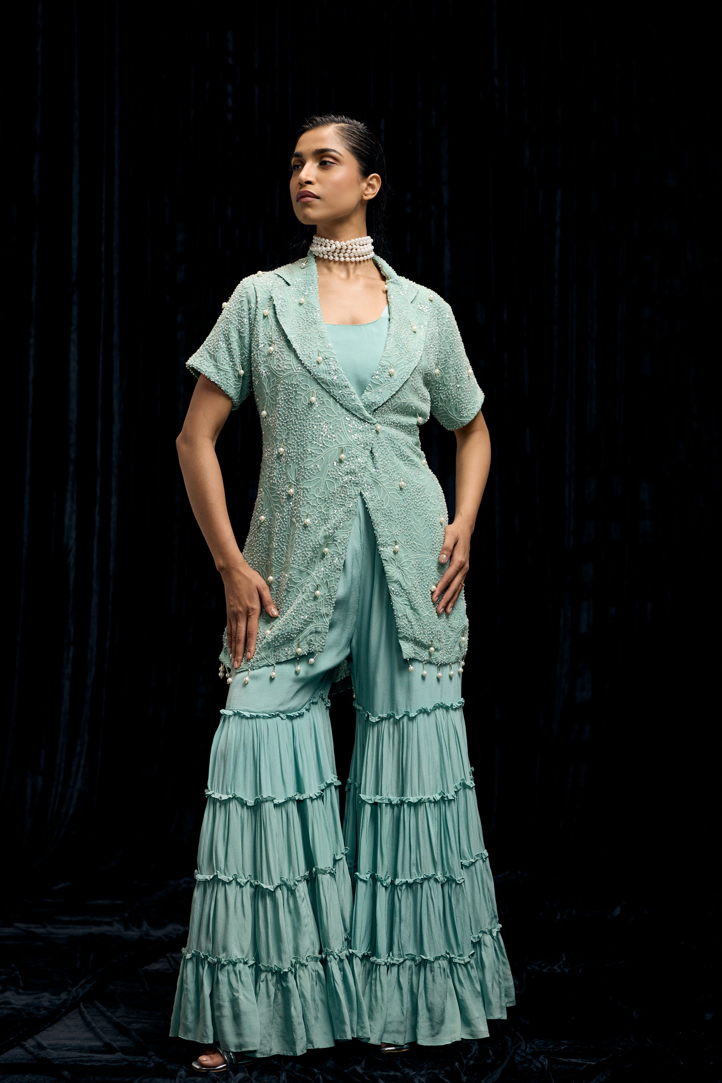 Sky Blue Embellished Chinon Silk Sharara Set
