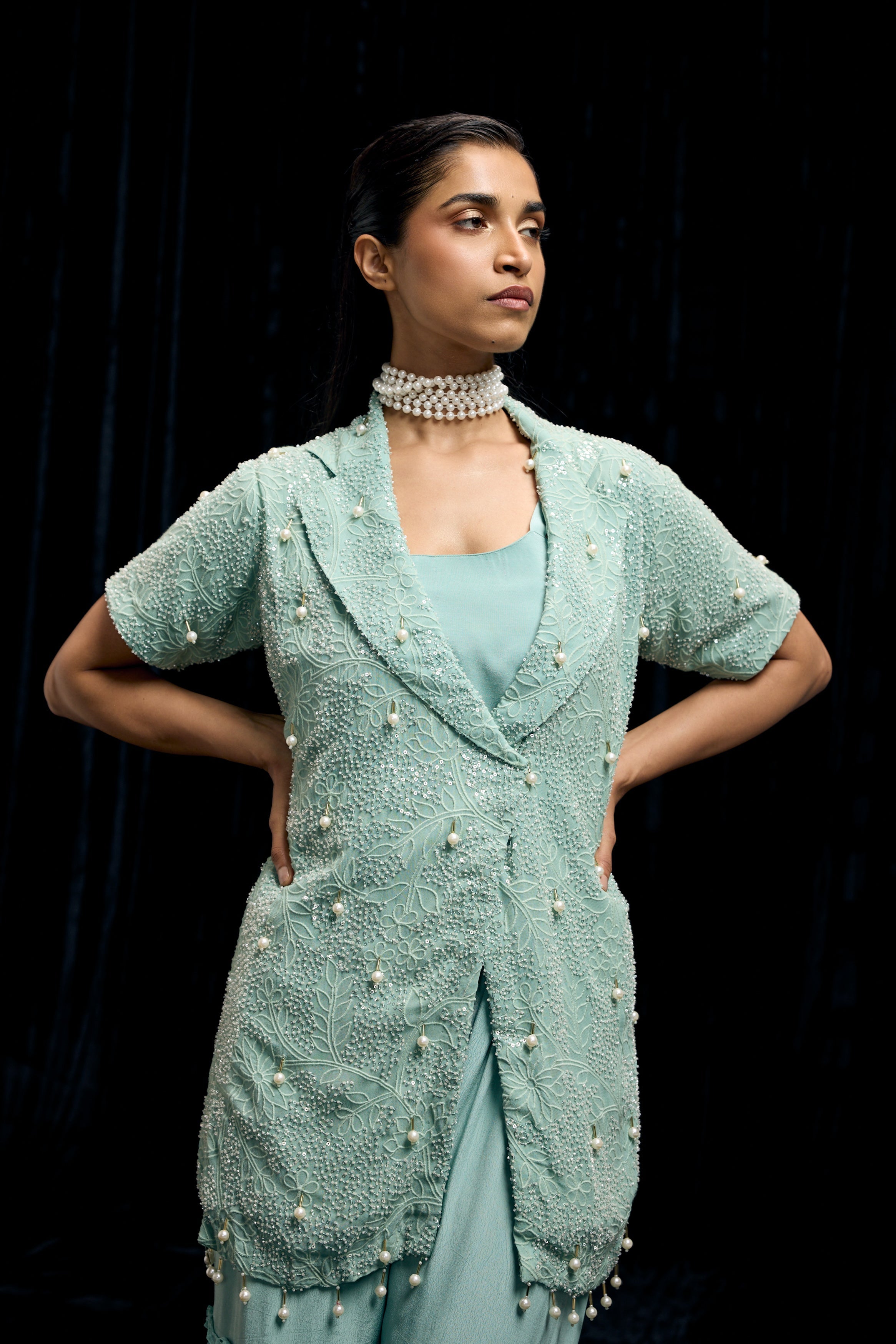 Sky Blue Embellished Chinon Silk Sharara Set