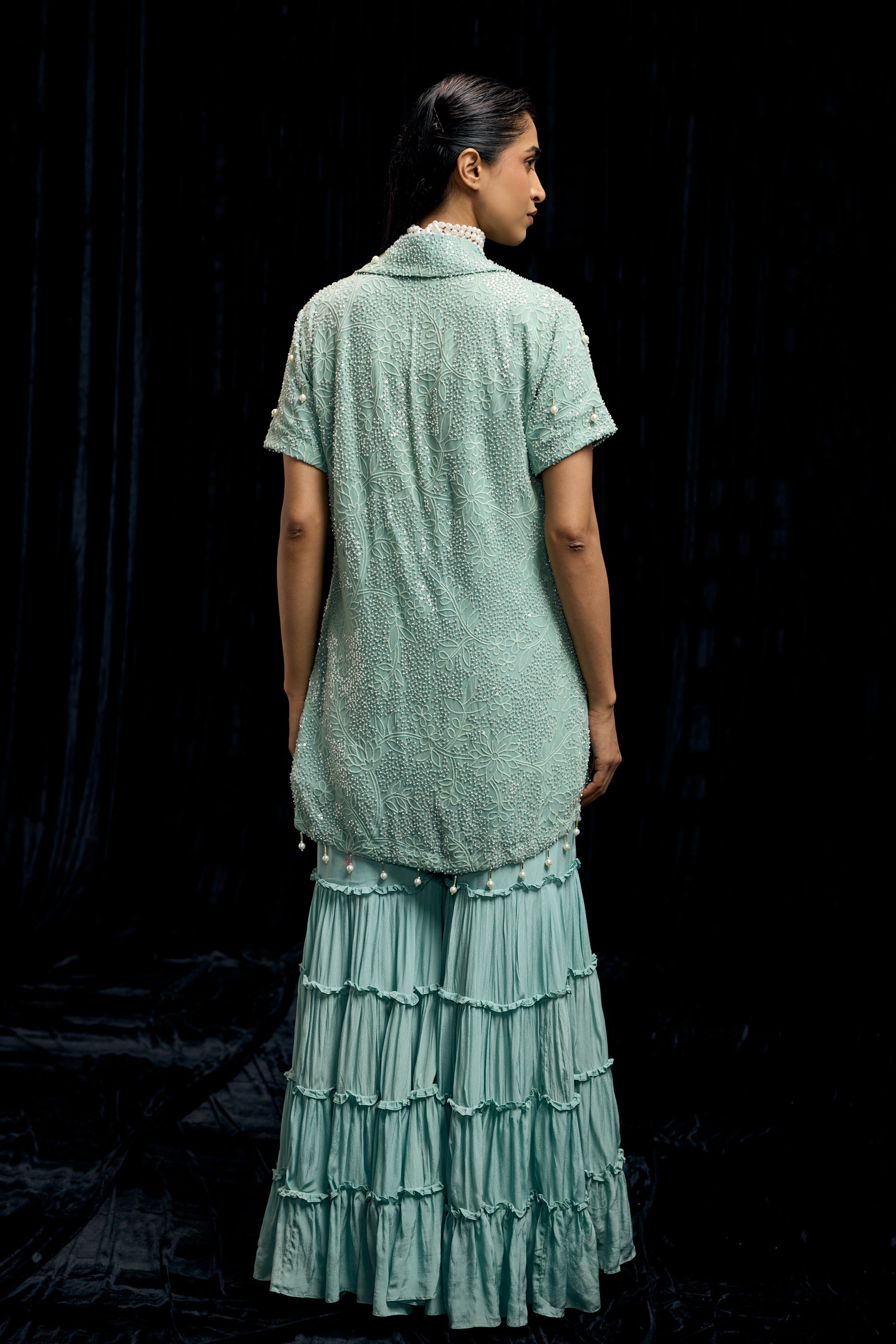 Sky Blue Embellished Chinon Silk Sharara Set