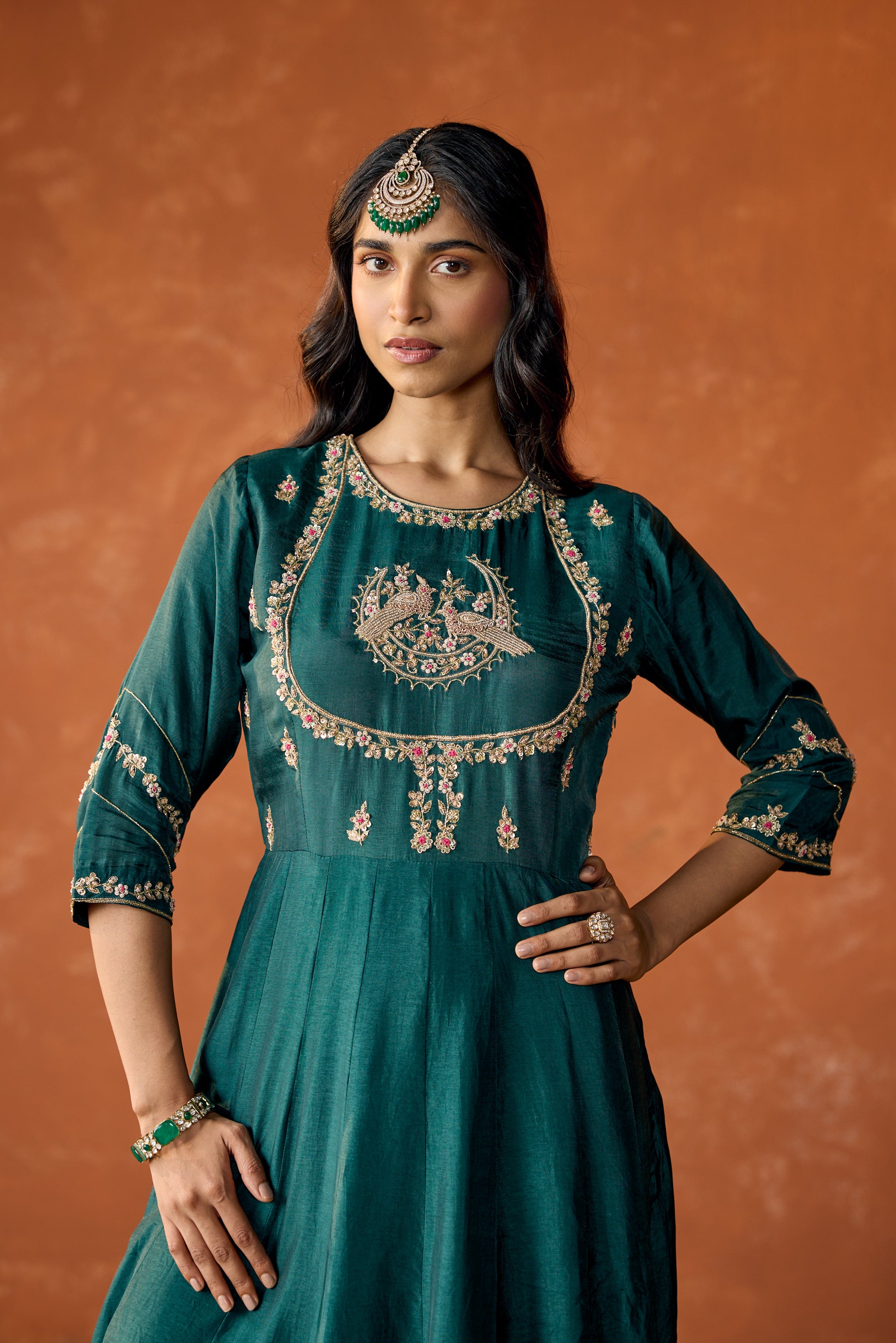 Dark Teal Embellished Premium Raw Silk Anarkali Set