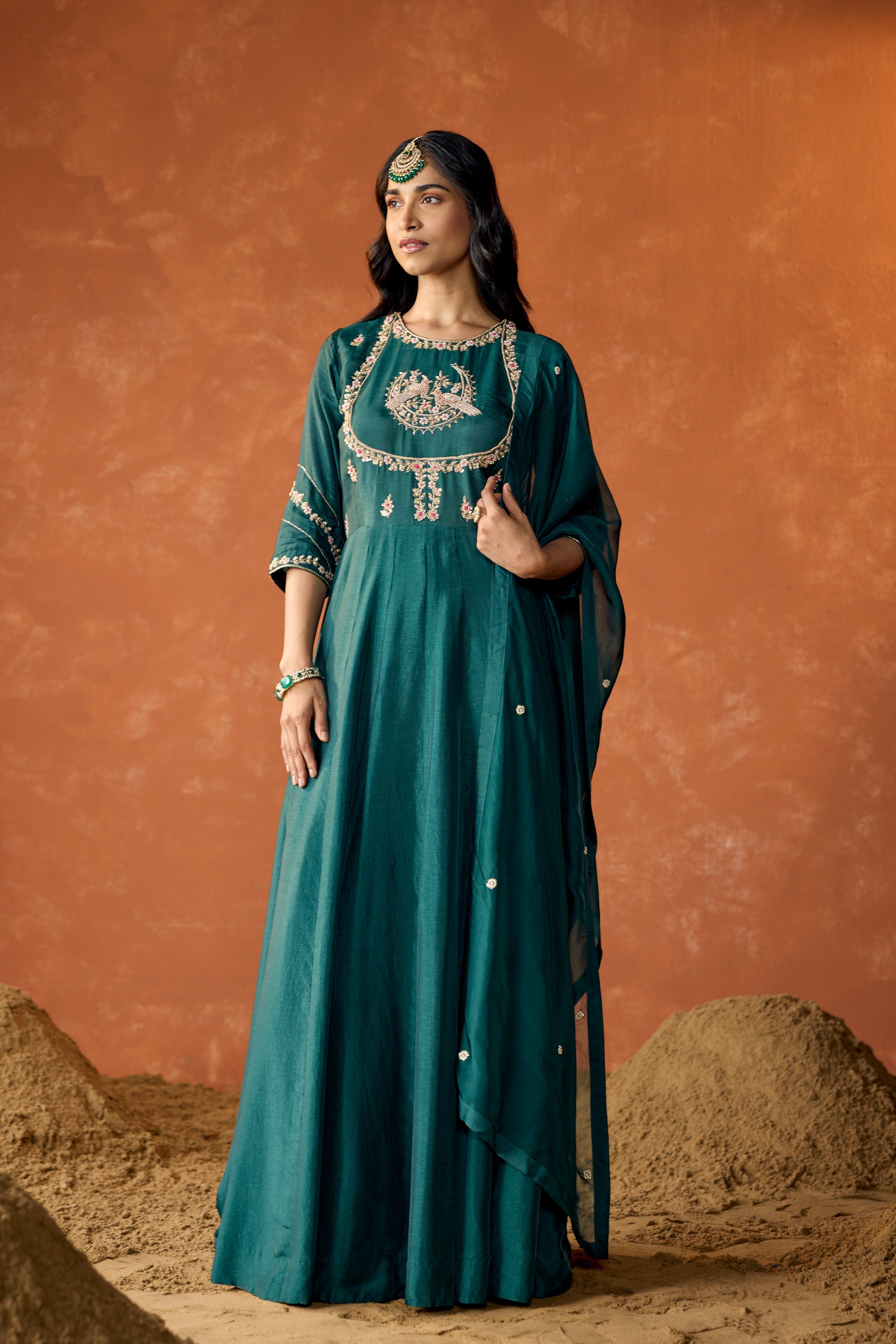 Dark Teal Embellished Premium Raw Silk Anarkali Set