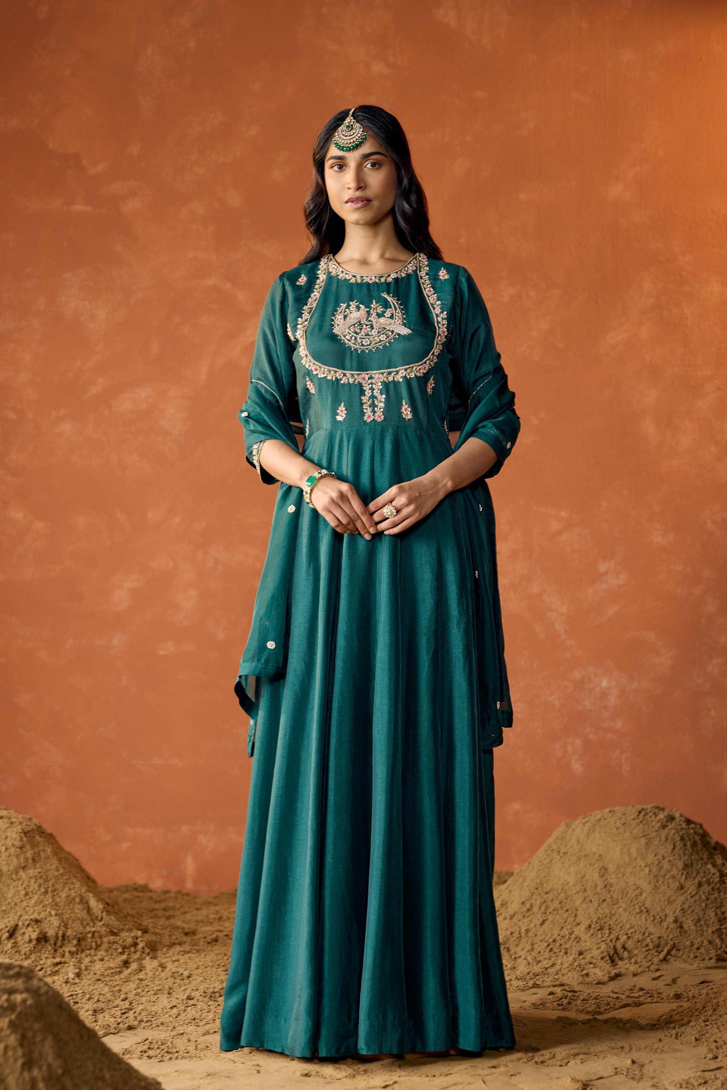 Dark Teal Embellished Premium Raw Silk Anarkali Set