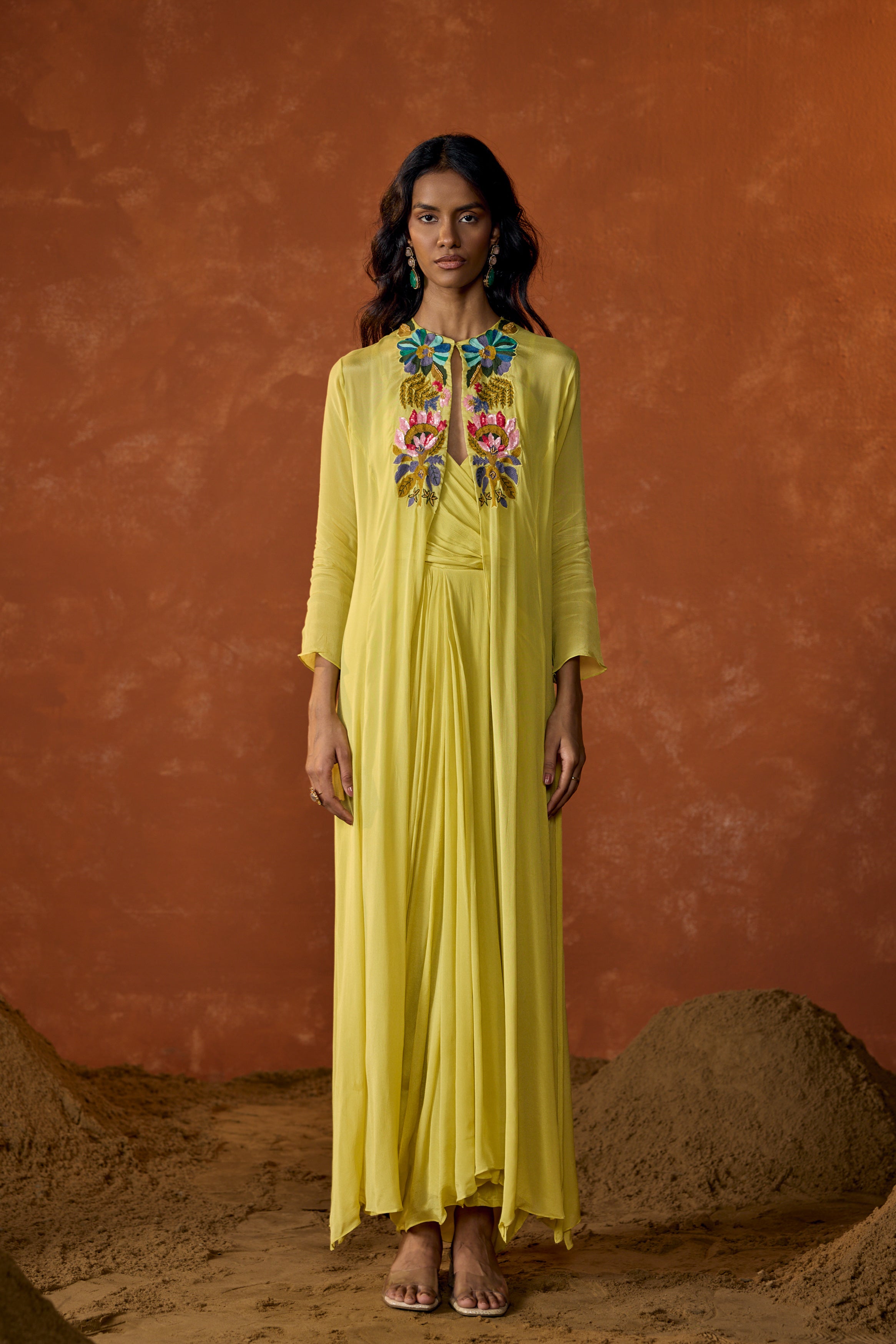 Lime Yellow Embroidered Chinon Silk Cape Dress With Jacket