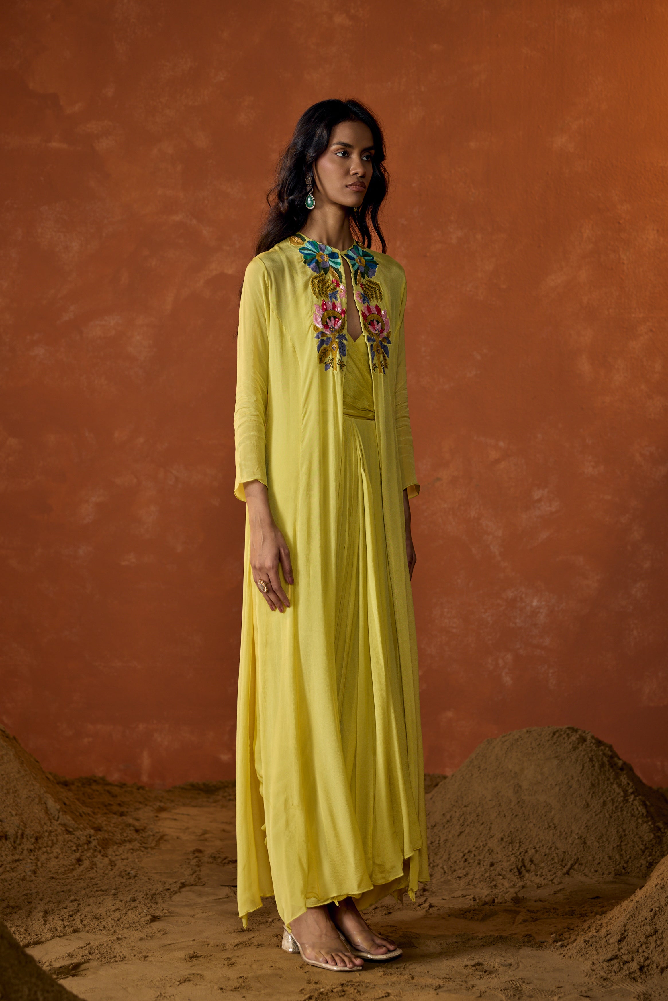 Lime Yellow Embroidered Chinon Silk Cape Dress With Jacket
