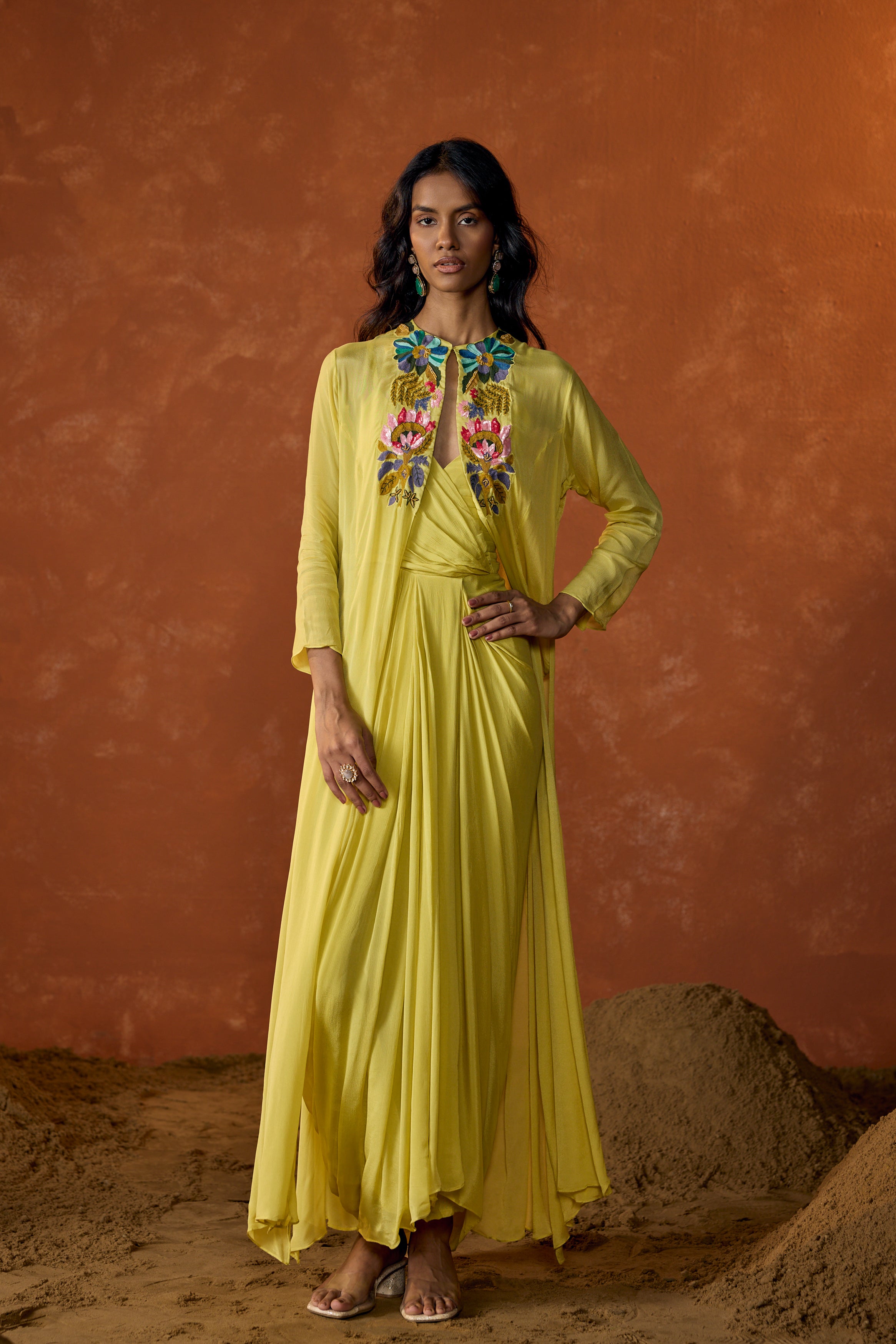 Lime Yellow Embroidered Chinon Silk Cape Dress With Jacket