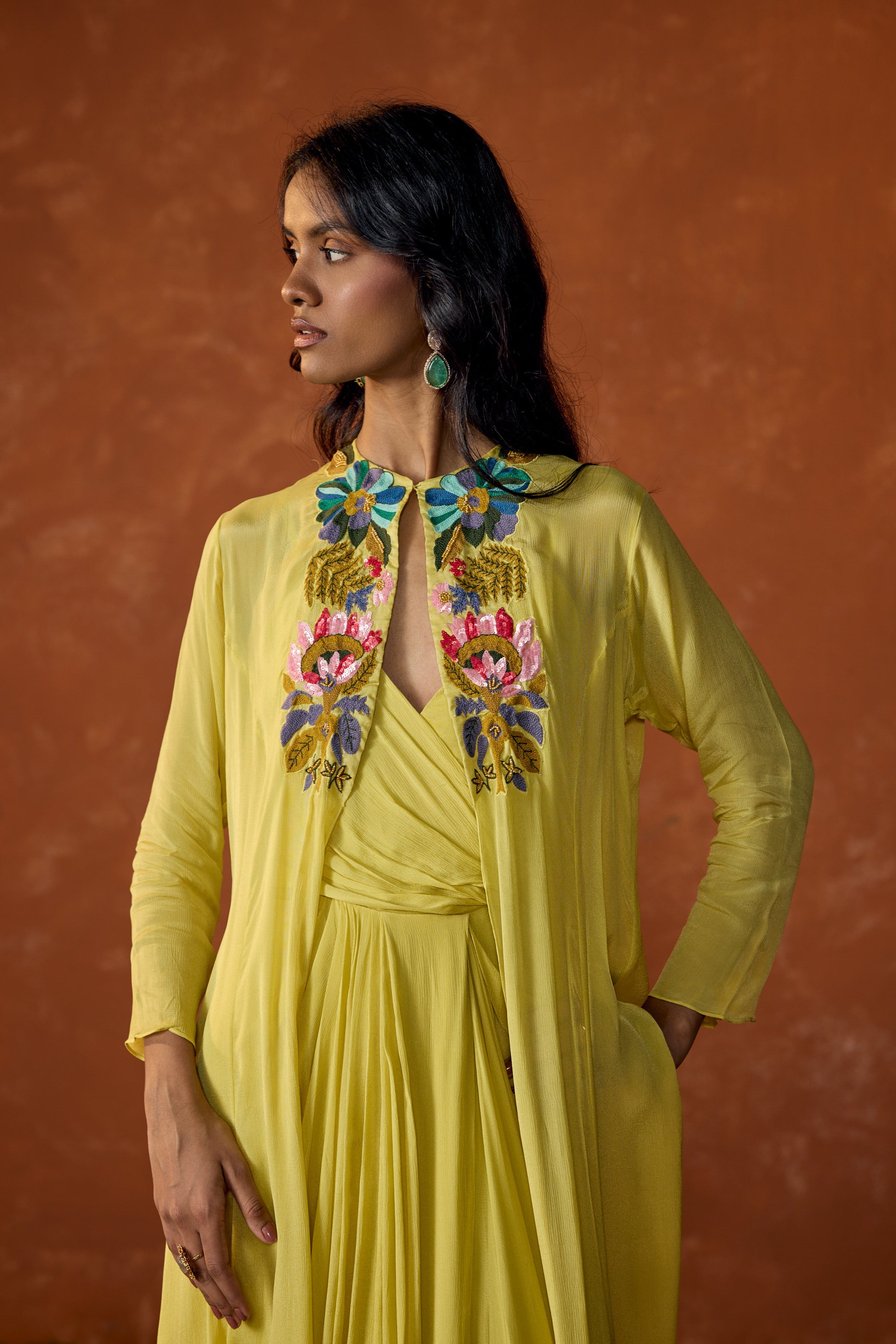 Lime Yellow Embroidered Chinon Silk Cape Dress With Jacket