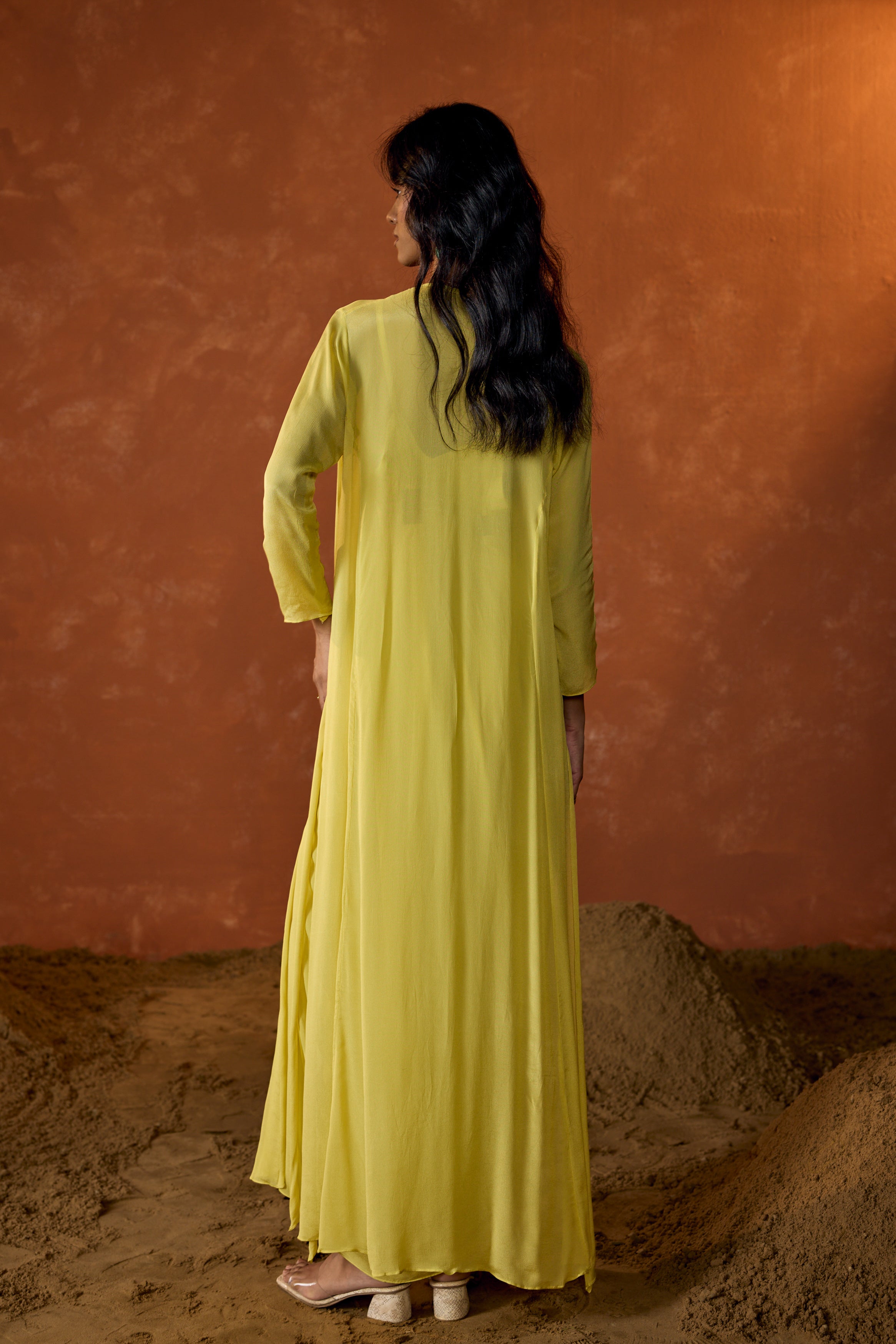 Lime Yellow Embroidered Chinon Silk Cape Dress With Jacket