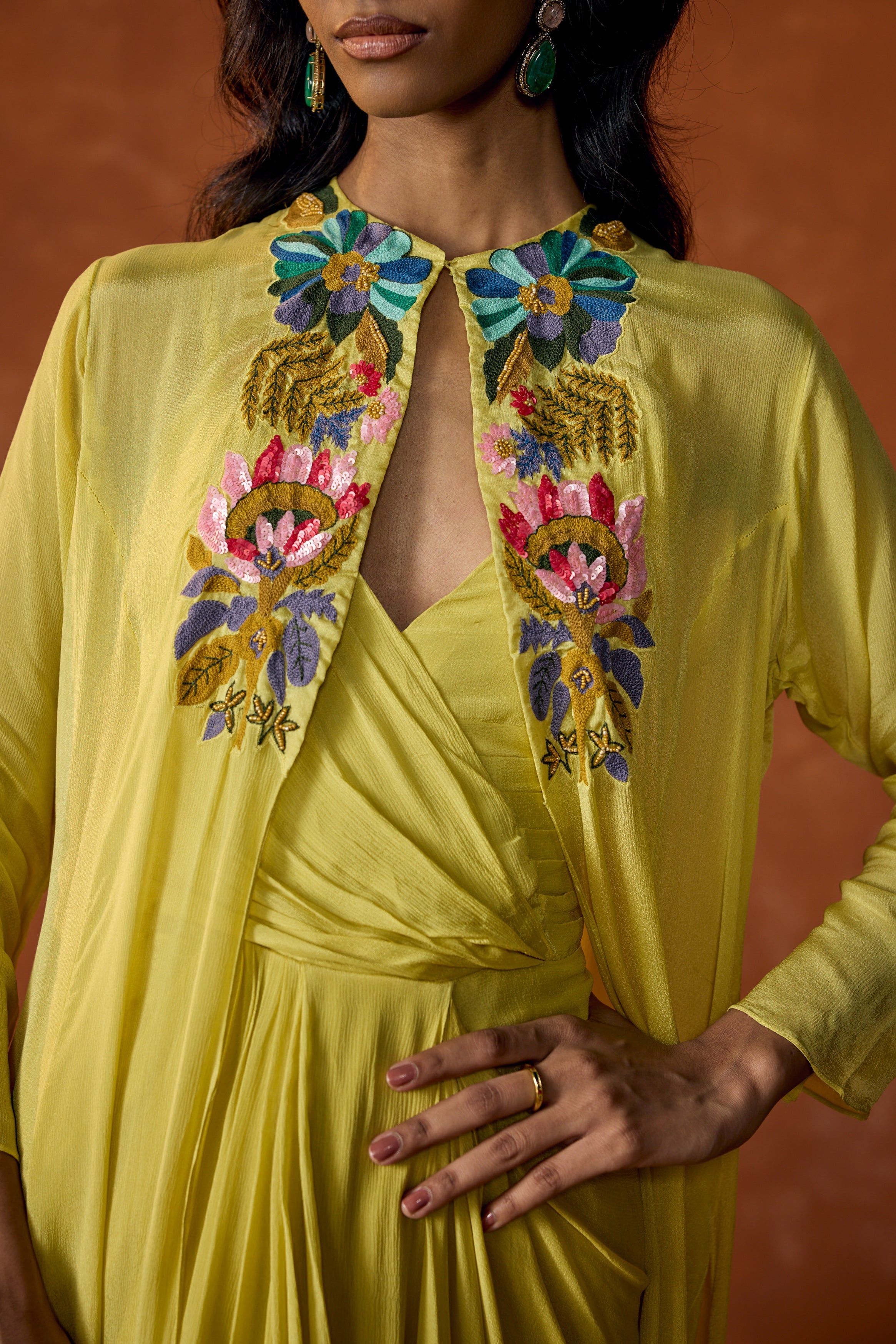 Lime Yellow Embroidered Chinon Silk Cape Dress With Jacket
