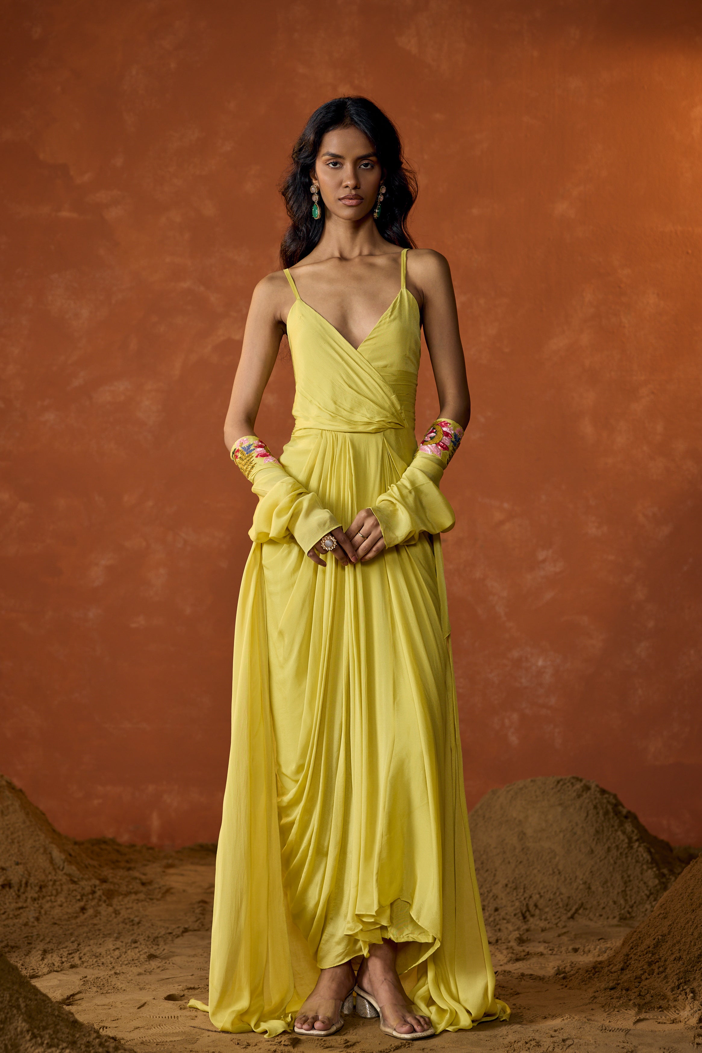 Lime Yellow Embroidered Chinon Silk Cape Dress With Jacket