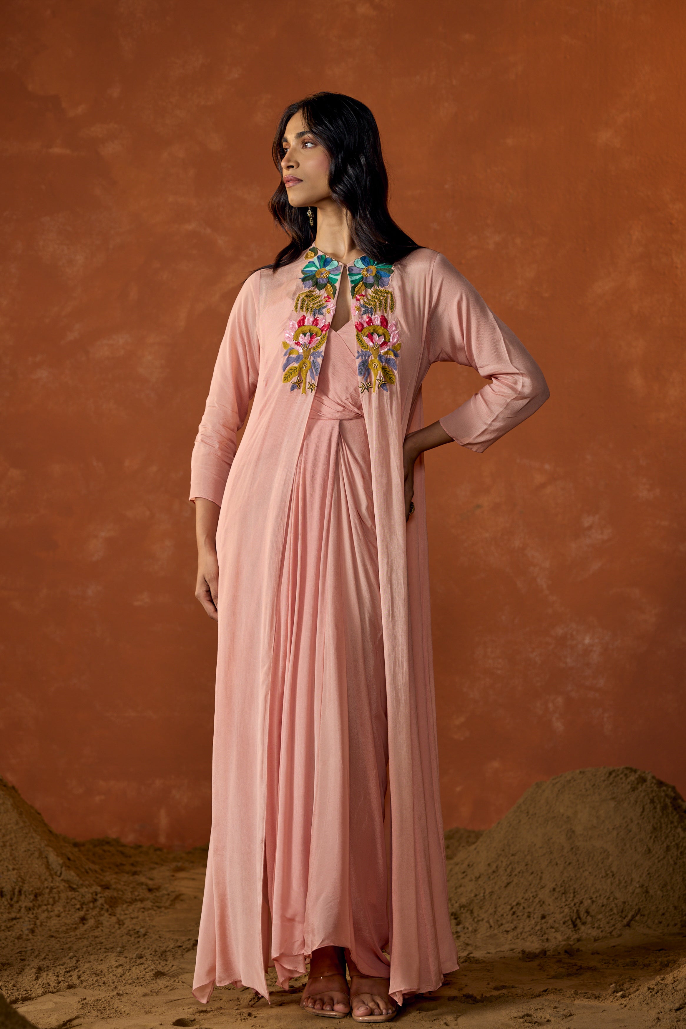 Rose Pink Embroidered Chinon Silk Cape Dress With Jacket