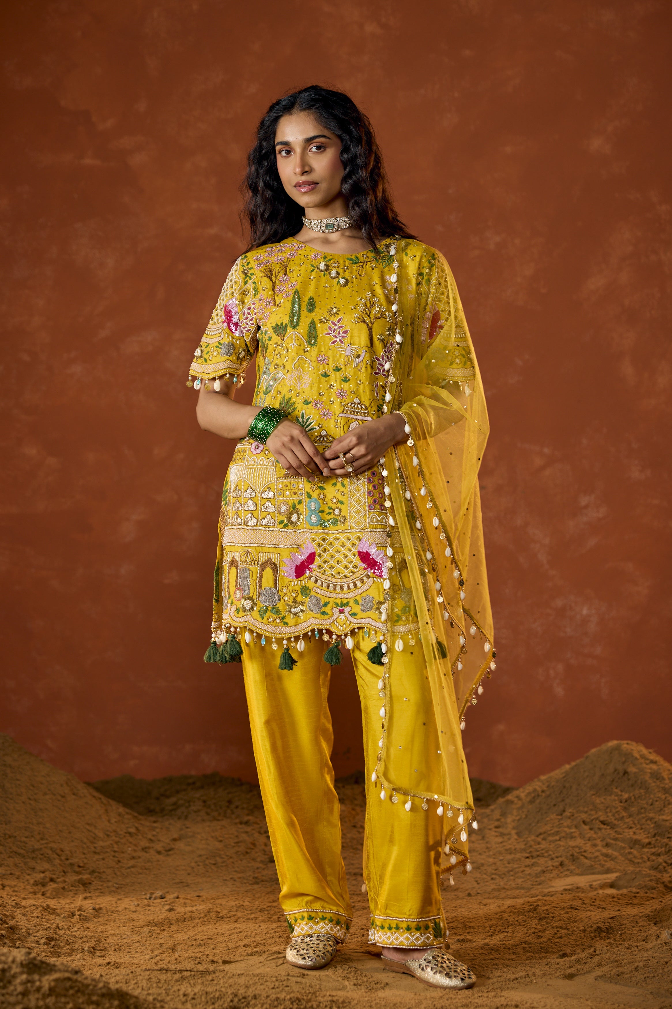 Marigold Yellow Embellished Premium Raw Silk Pant Set