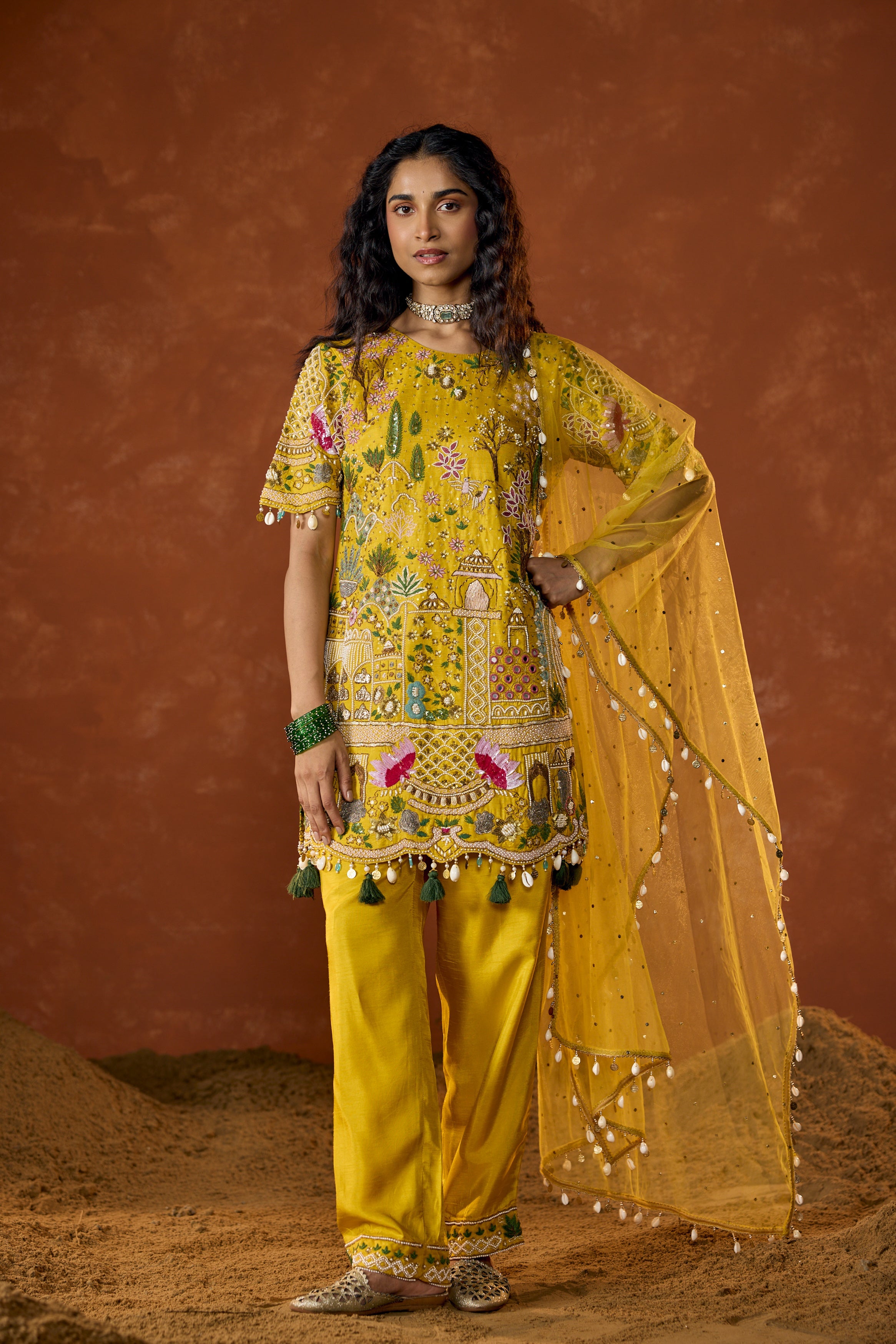 Marigold Yellow Embellished Premium Raw Silk Pant Set