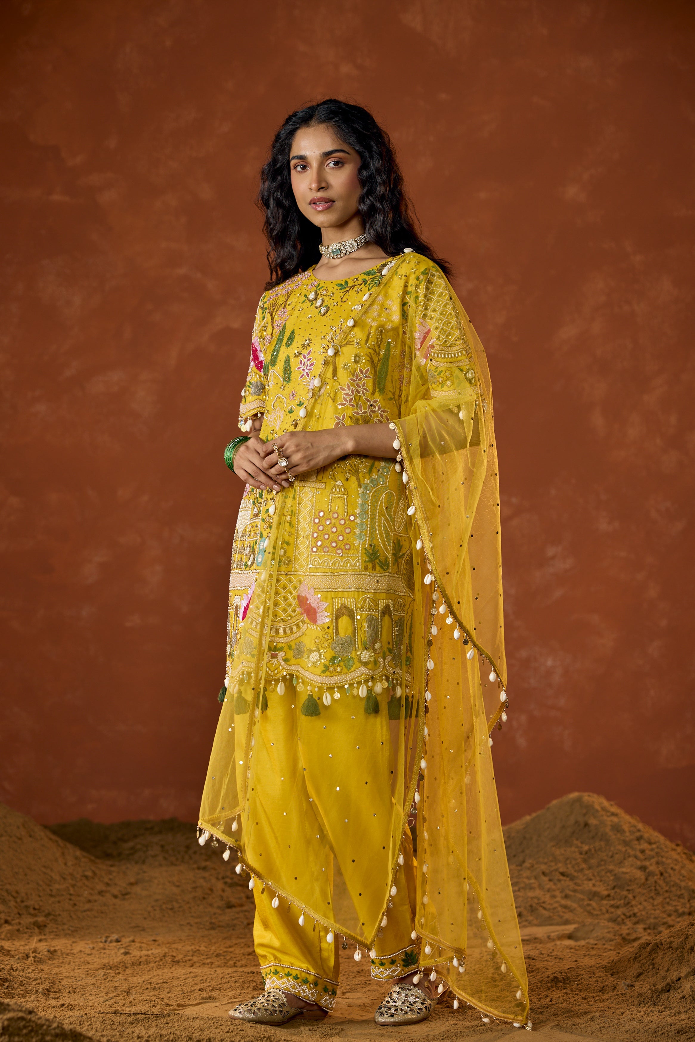 Marigold Yellow Embellished Premium Raw Silk Pant Set