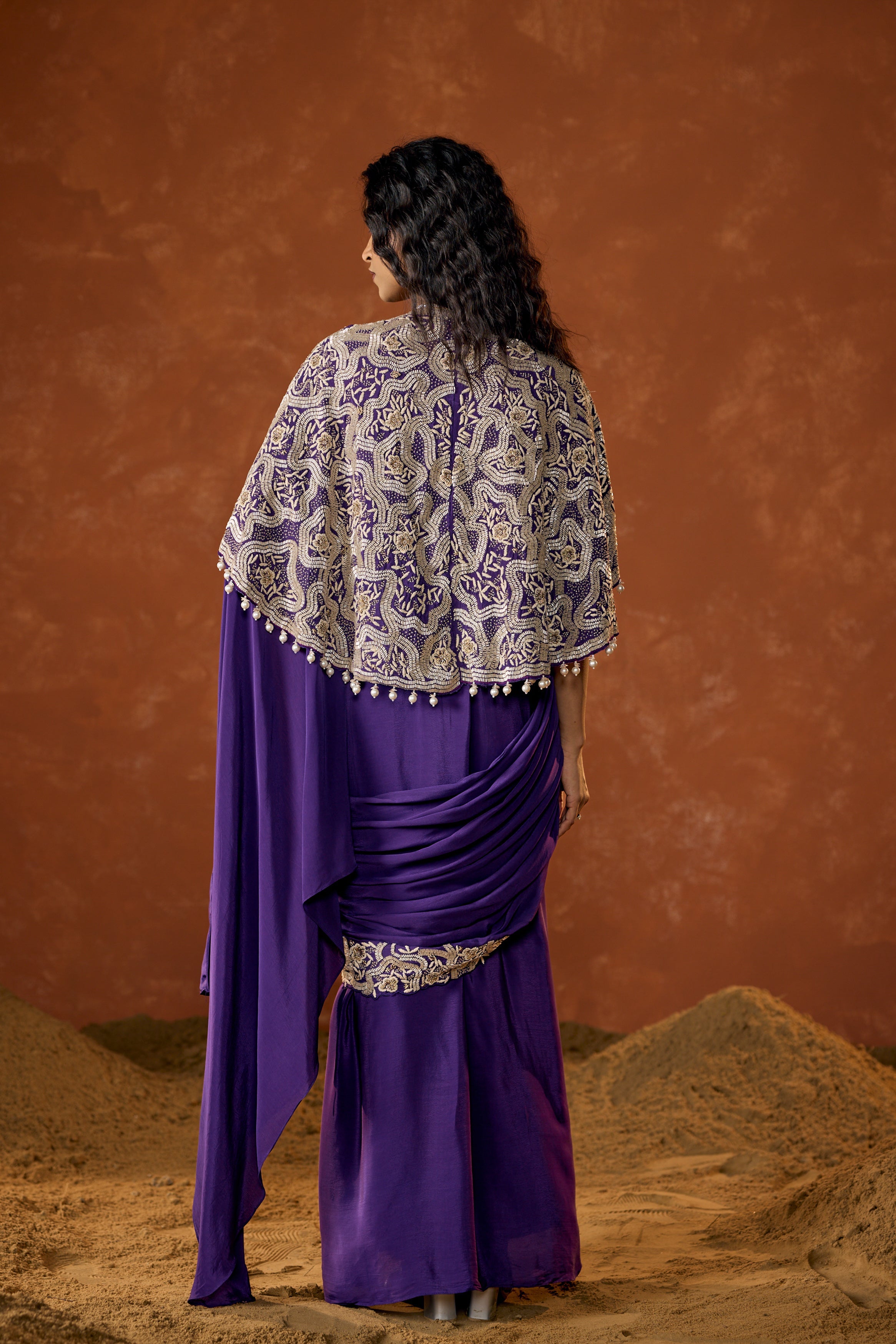 Royal Purple Embellished Chinon Silk Draped Saree