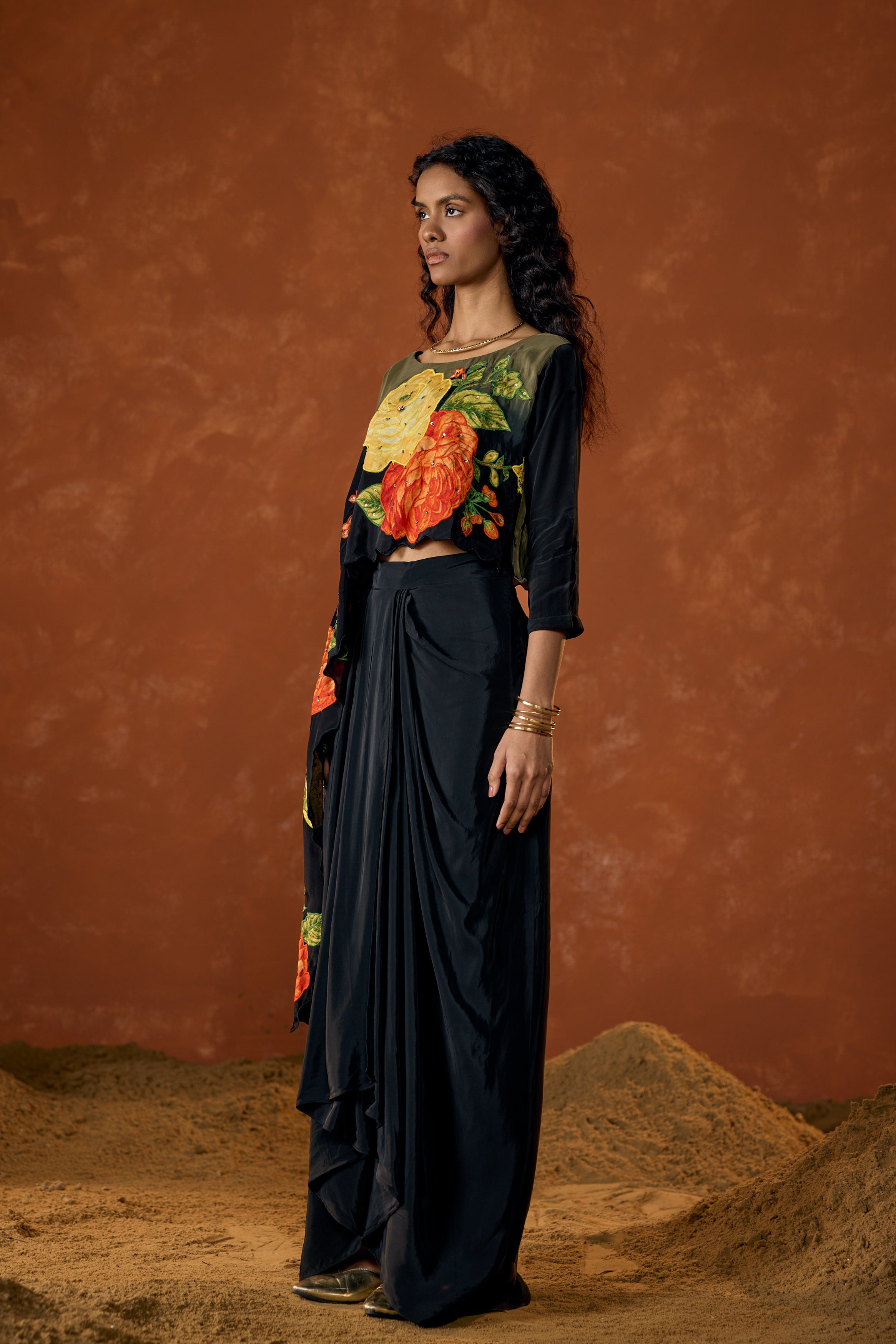 Midnight Olive Embellished Satin Silk Drape Skirt Set