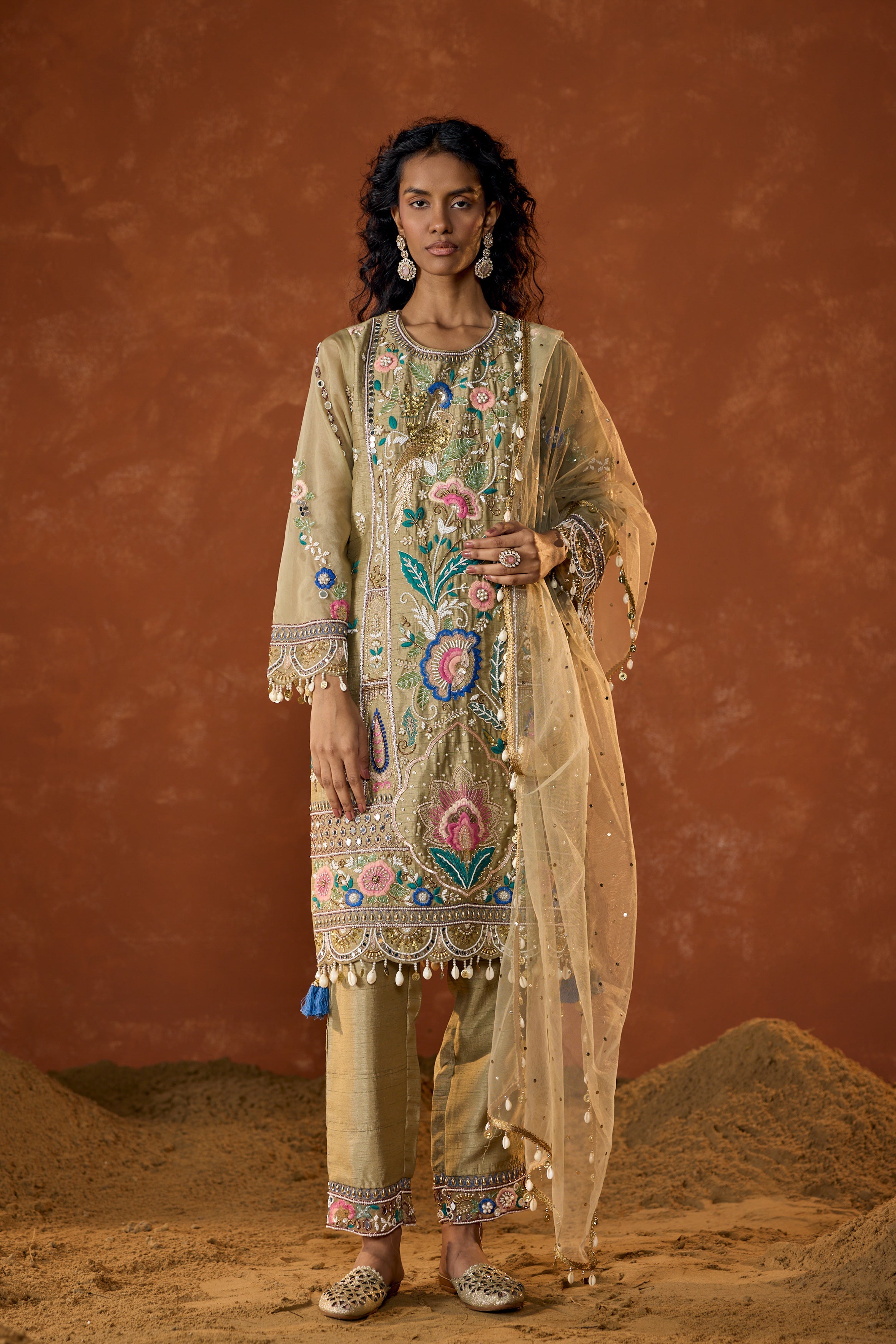 Taupe Green Embellished Raw Silk Pant Set