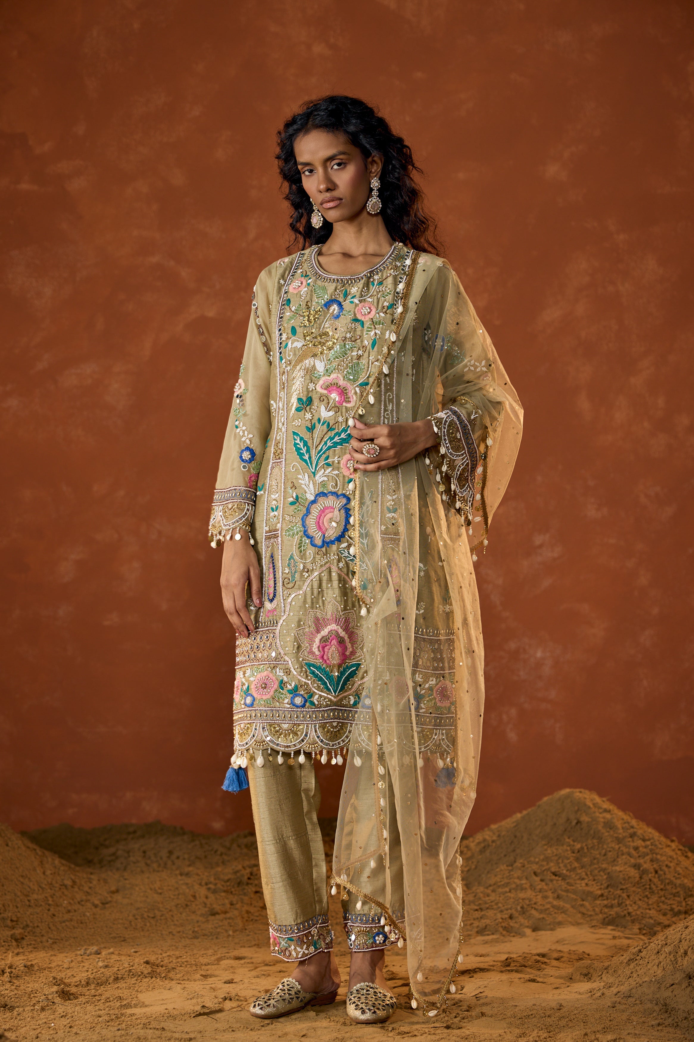 Taupe Green Embellished Raw Silk Pant Set