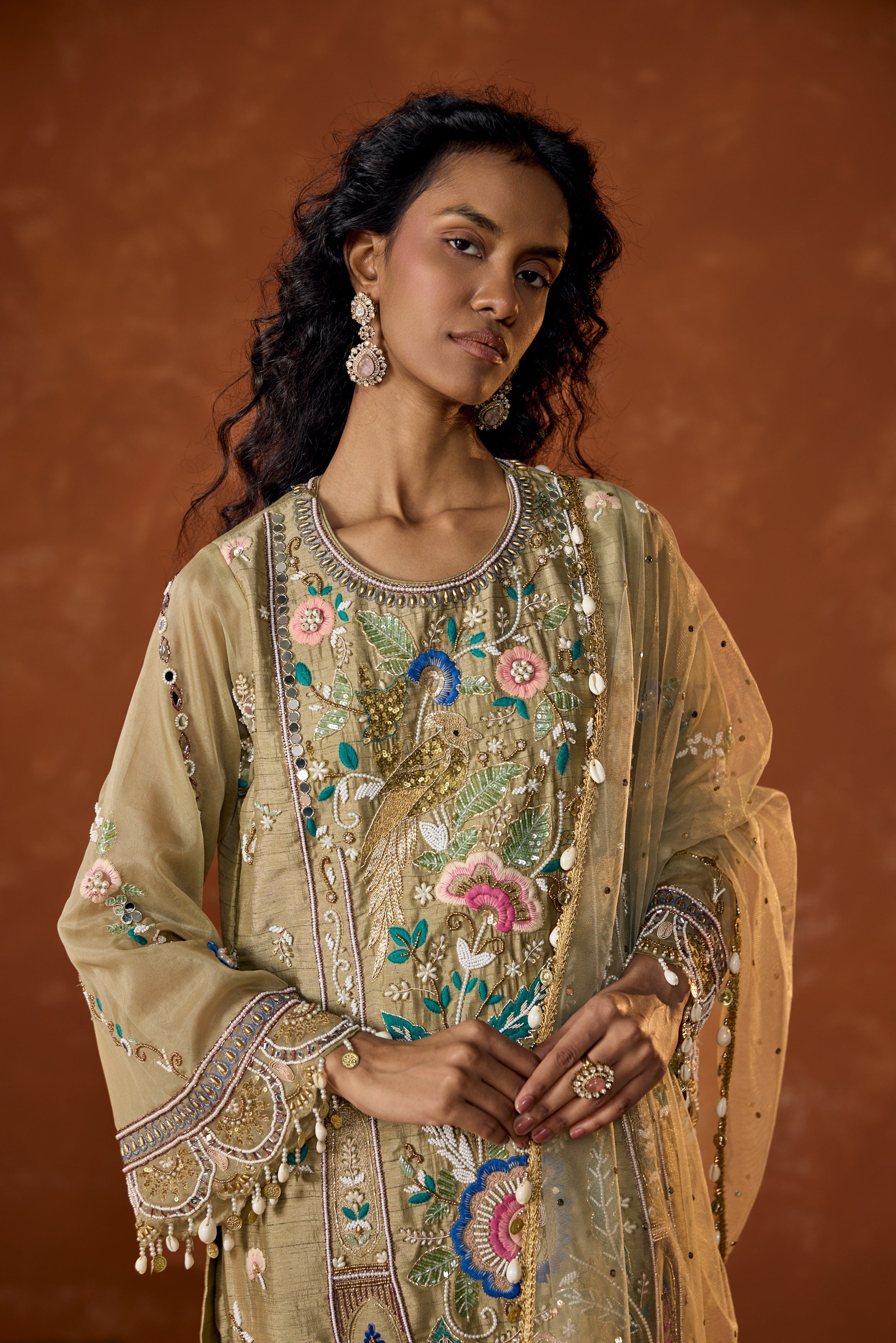 Taupe Green Embellished Raw Silk Pant Set