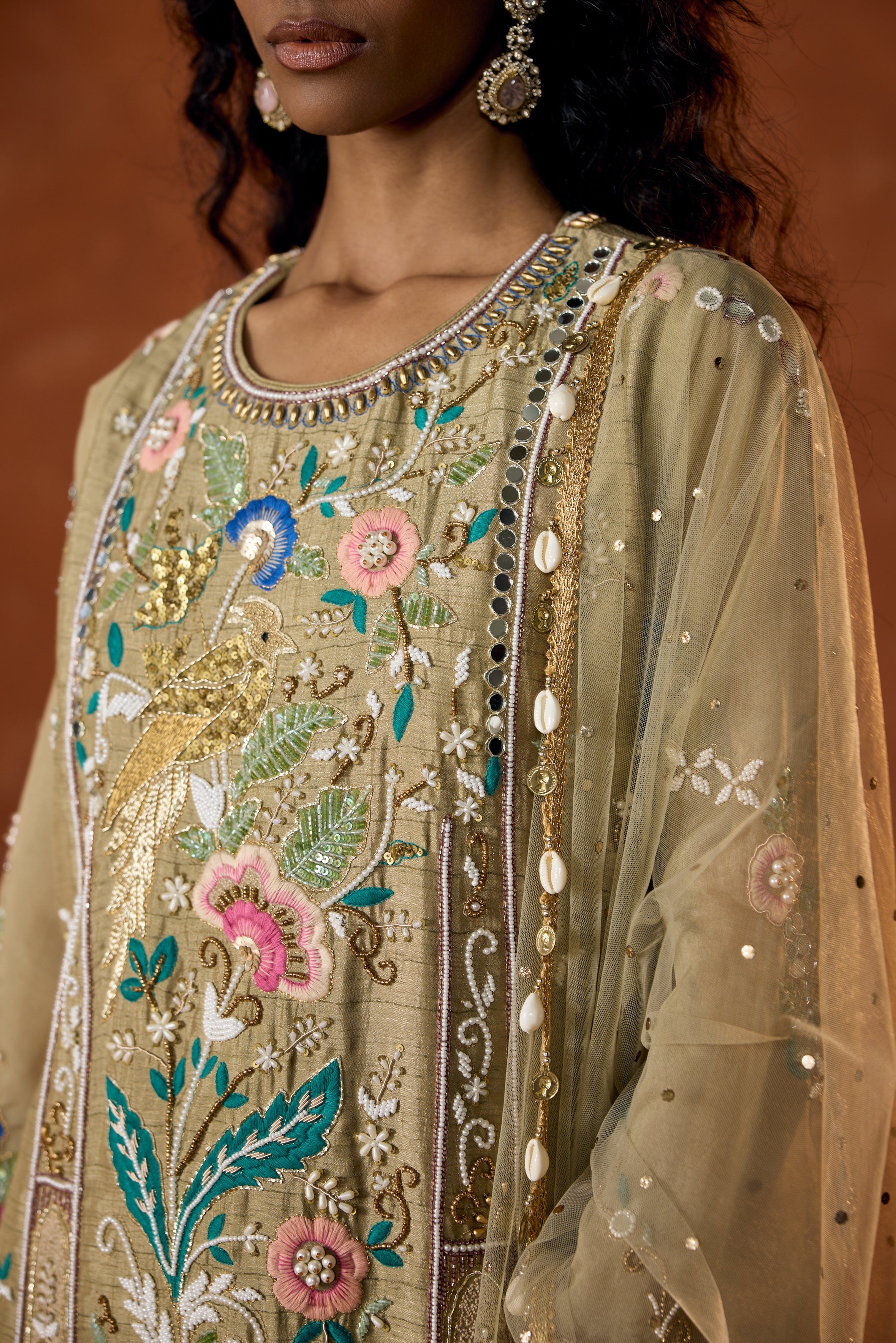 Taupe Green Embellished Raw Silk Pant Set
