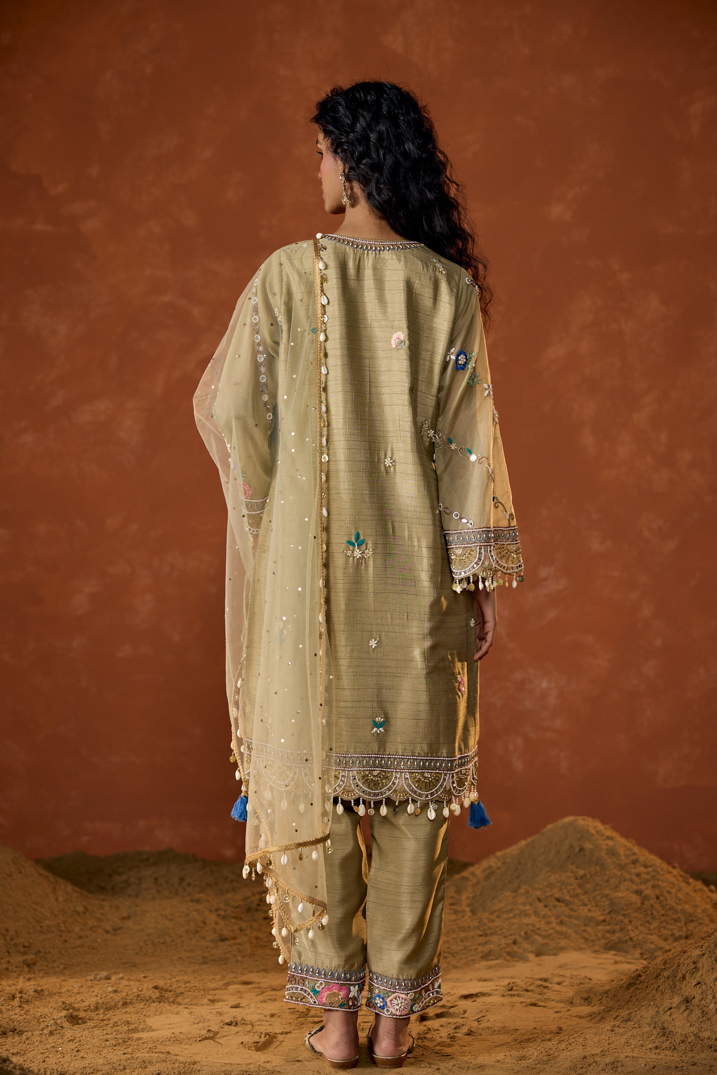 Taupe Green Embellished Raw Silk Pant Set