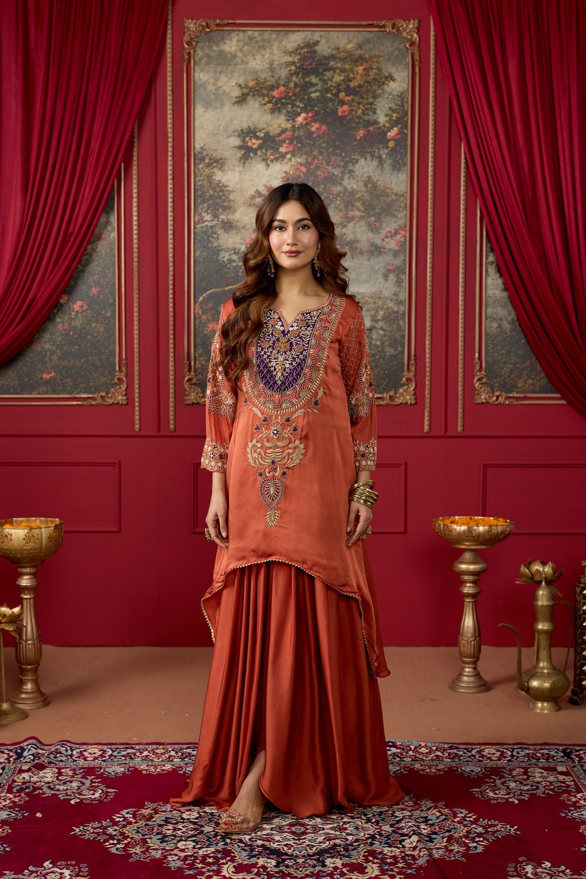 Rust Orange Embellished Crepe Satin Silk Skirt Set