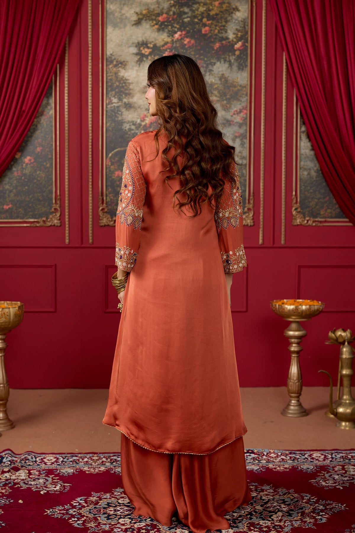 Rust Orange Embellished Crepe Satin Silk Skirt Set
