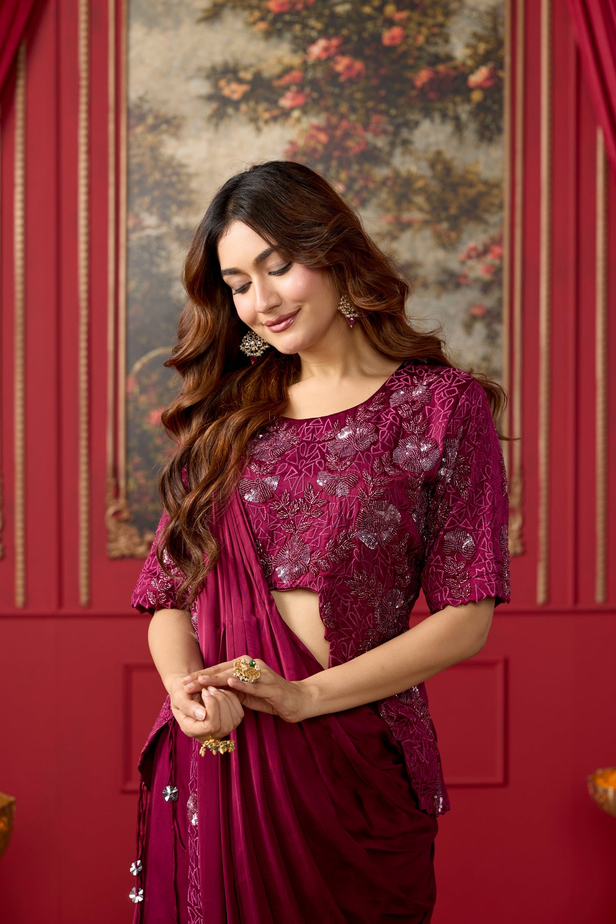 Burgundy Embellished Crepe Satin Silk Pre-Draped Saree