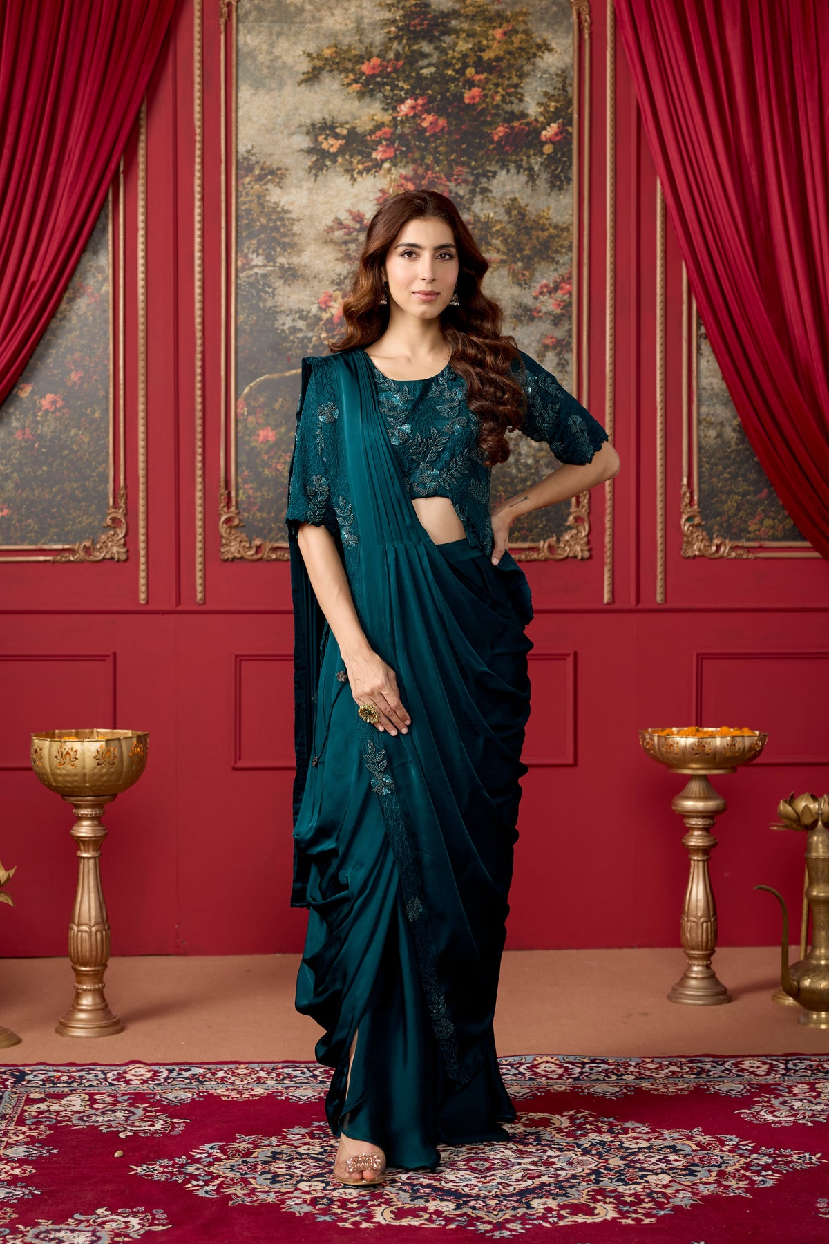 Teal Embellished Crepe Satin Silk Pre-Draped Saree