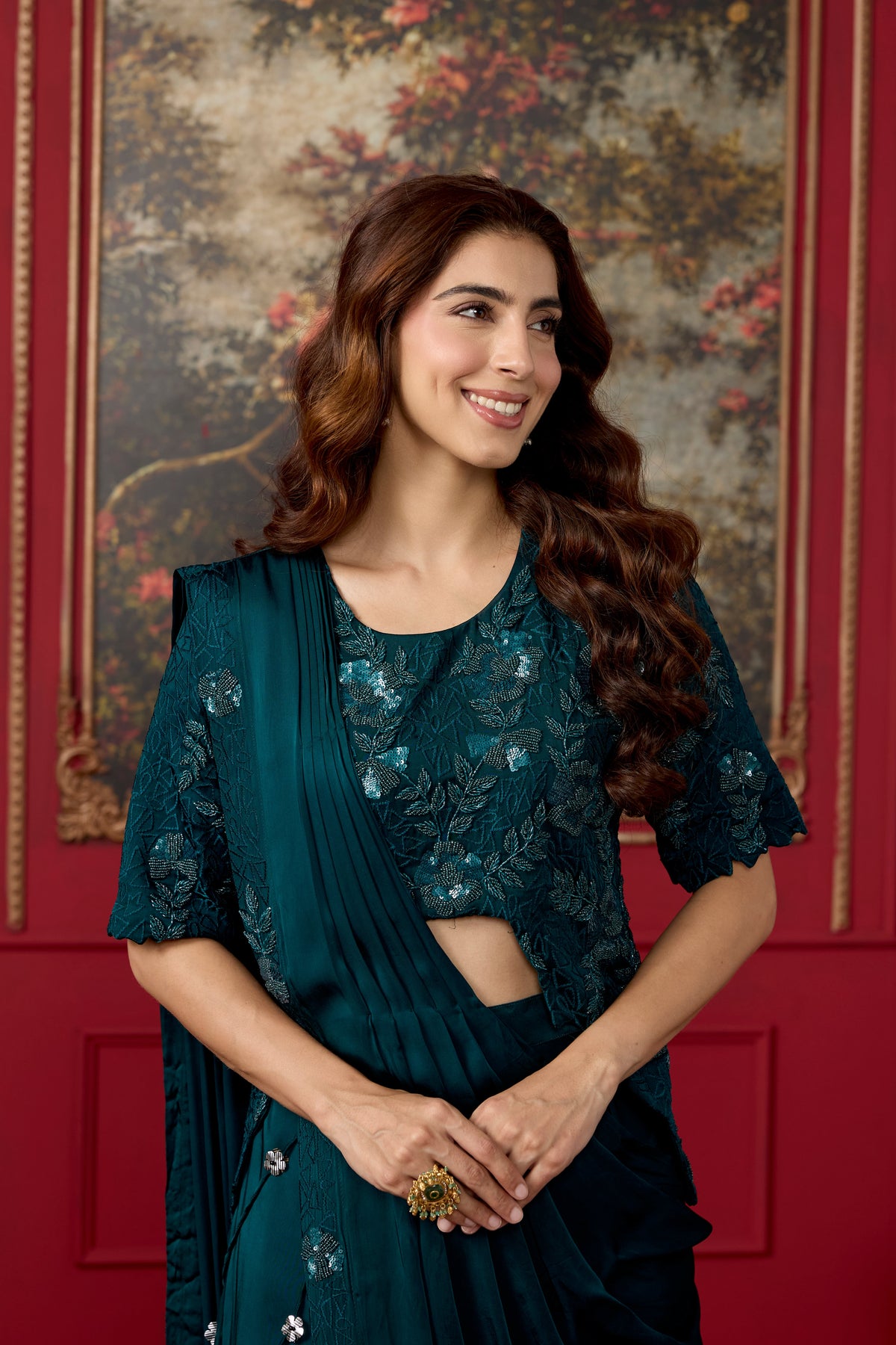 Teal Embellished Crepe Satin Silk Pre-Draped Saree