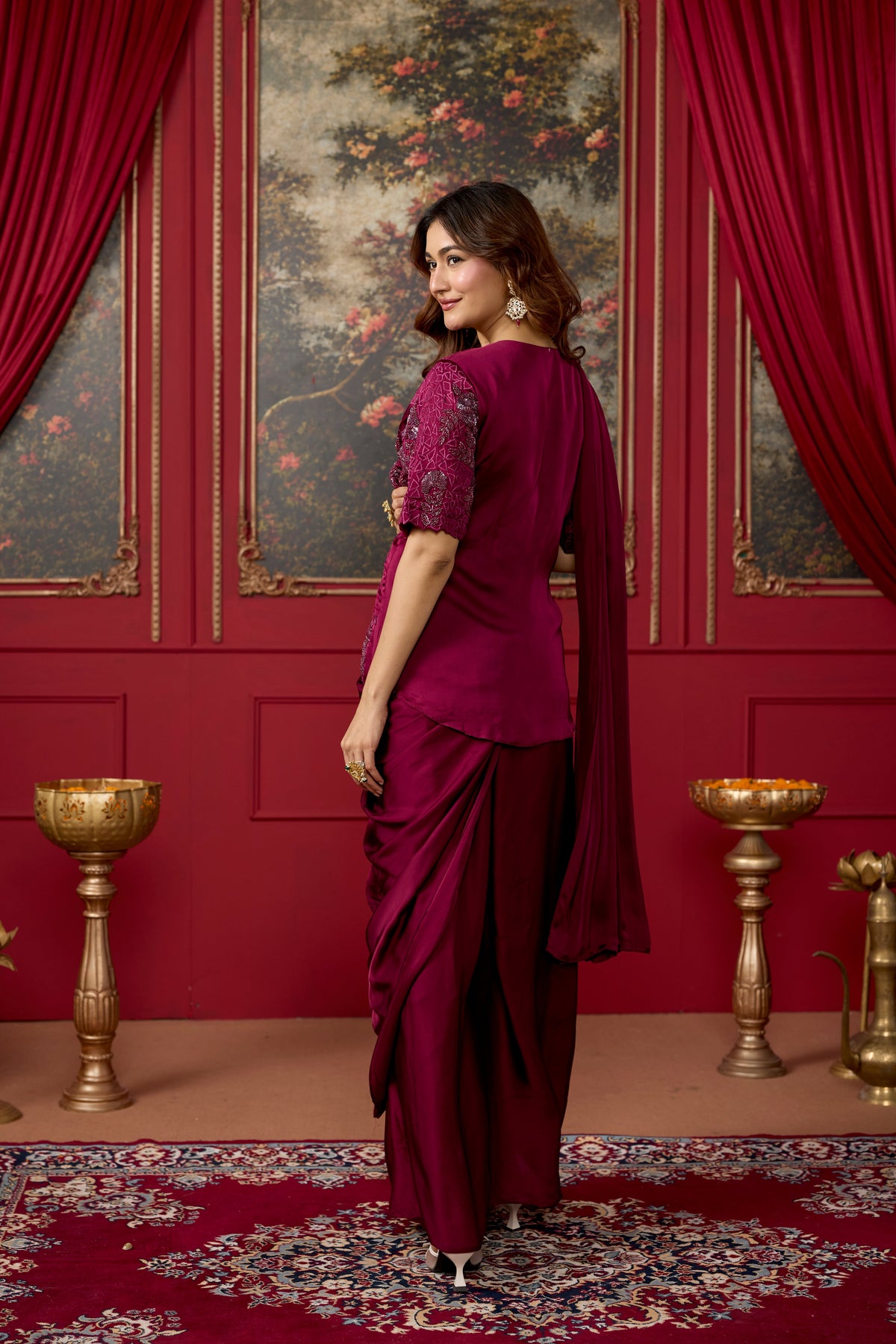 Burgundy Embellished Crepe Satin Silk Pre-Draped Saree